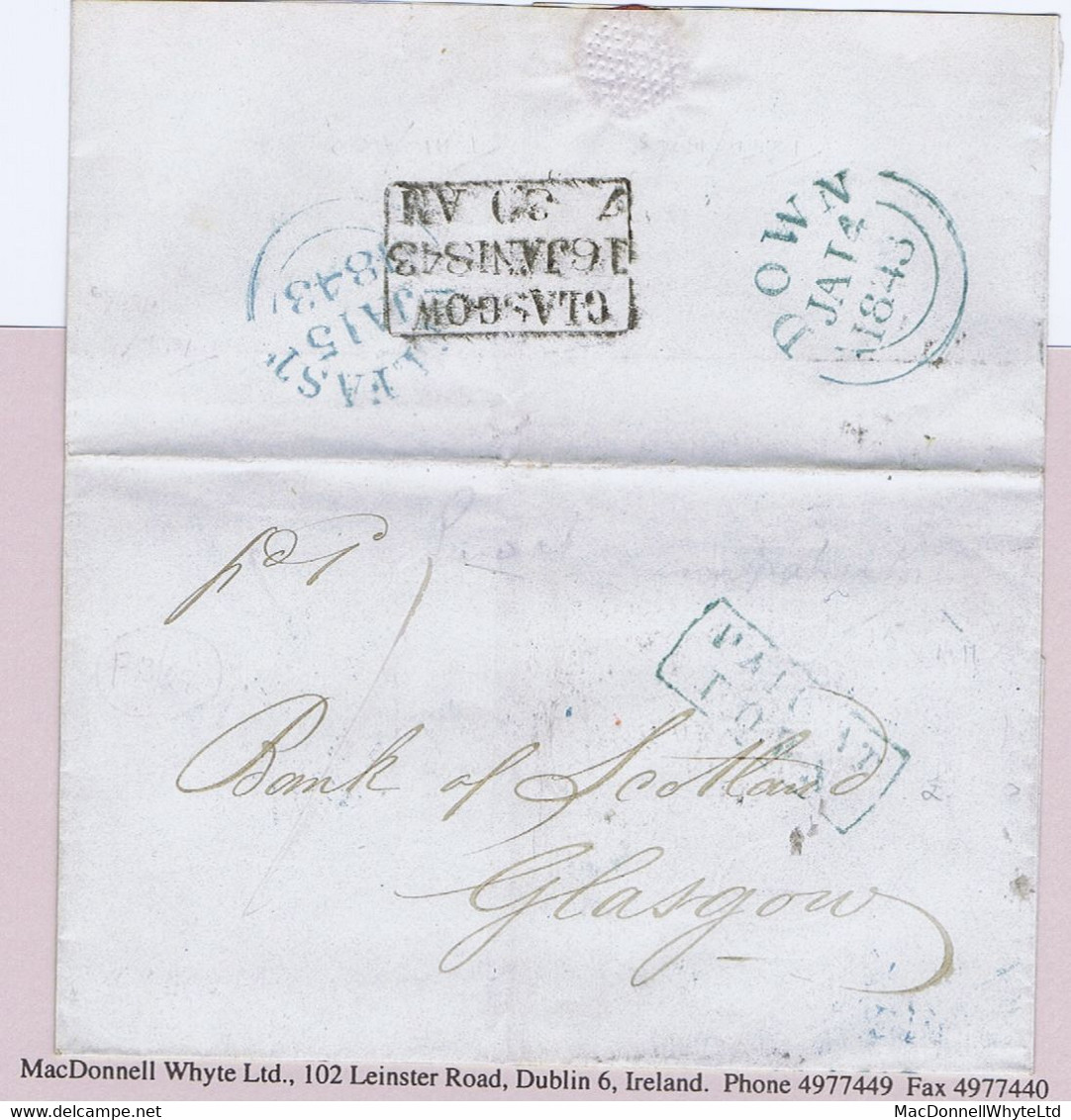 Ireland Down 1843 Boxed 2-line PAID AT DOWN In Blue Cover To Glasgow DOWN JA 14 1843 BELFAST JA 15 1843 - Other & Unclassified