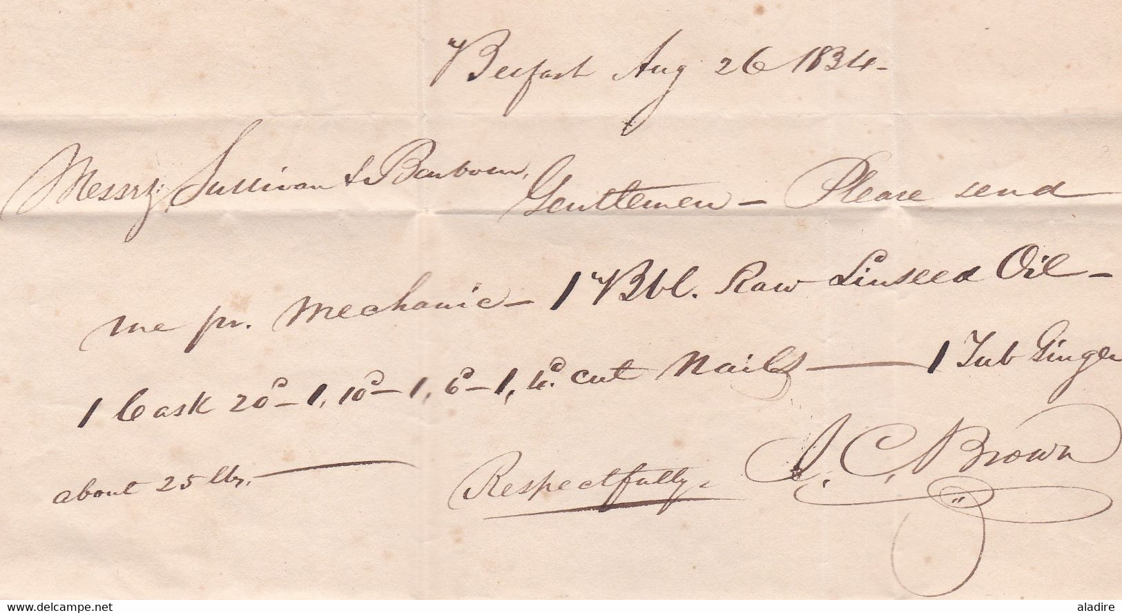 1834 - Enveloppe Pliée De Belfast, Irlande, Grande Bretagne Vers Boston, USA Par Navire Mechanic - ...-1840 Precursori