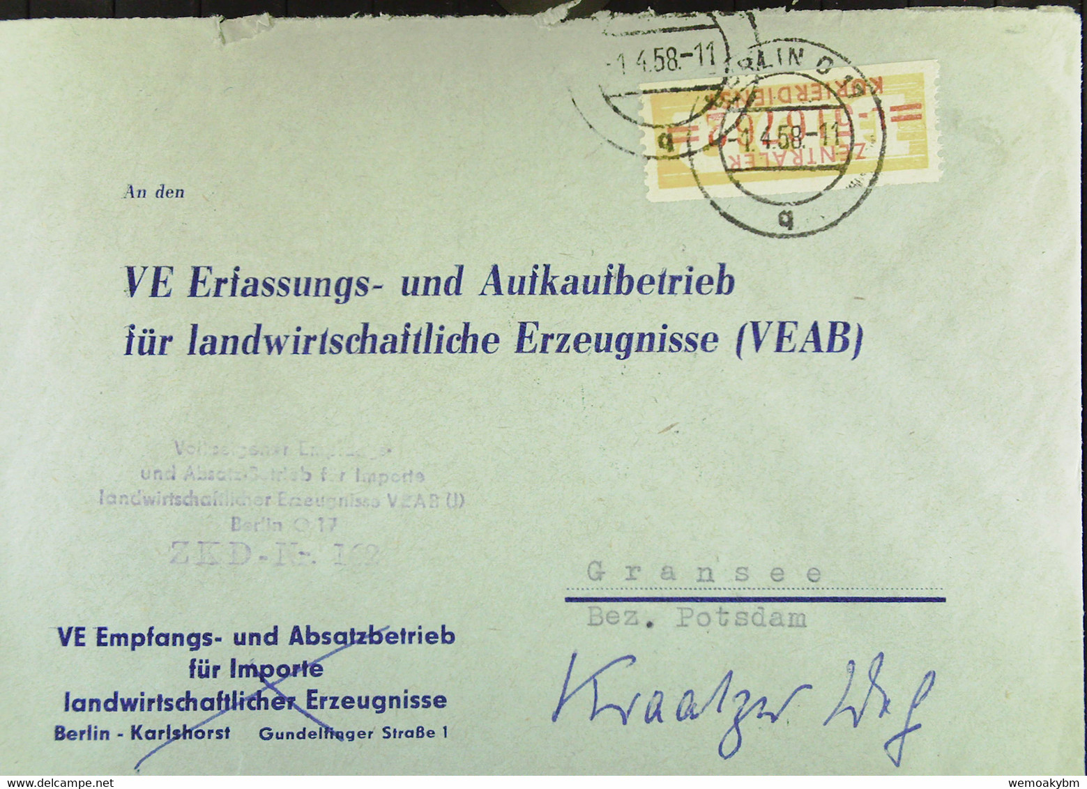 DDR: Fern-Bf Mit ZKD-Streifen Orangegelb/orangerot Lfd.Nr: L 516762 V 1.4.58 Von VEAB Berlin Auf Altvordruck Nach Umzug - Lettres & Documents