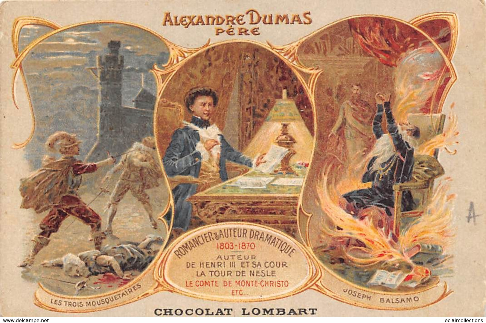 Thème: Littérature:  Ecrivains :   Alexandre Dumas Père     Publicité Des Chocolats Lombart     (voir Scan) - Writers