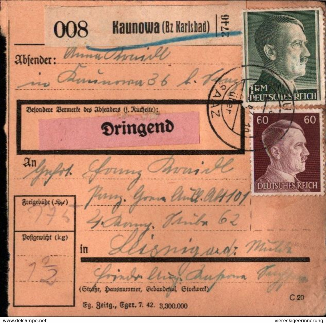 ! 1943 Kaunowa über Saaz Nach Leisnig, Paketkarte, Deutsches Reich, 3. Reich - Cartas & Documentos