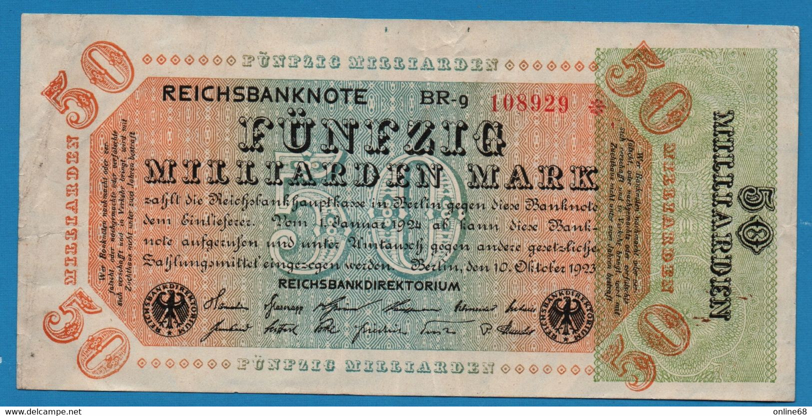 DEUTSCHES REICH 50 Milliarden Mark	10.10.1923	# BR-9  108929 *  P# 120a - 50 Mrd. Mark