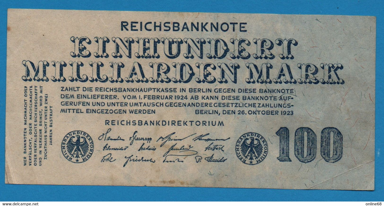 DEUTSCHES REICH 100 Milliarden Mark	10.10.1923	Ohne KN, Ohne FZ  P# 126 - 100 Miljard Mark