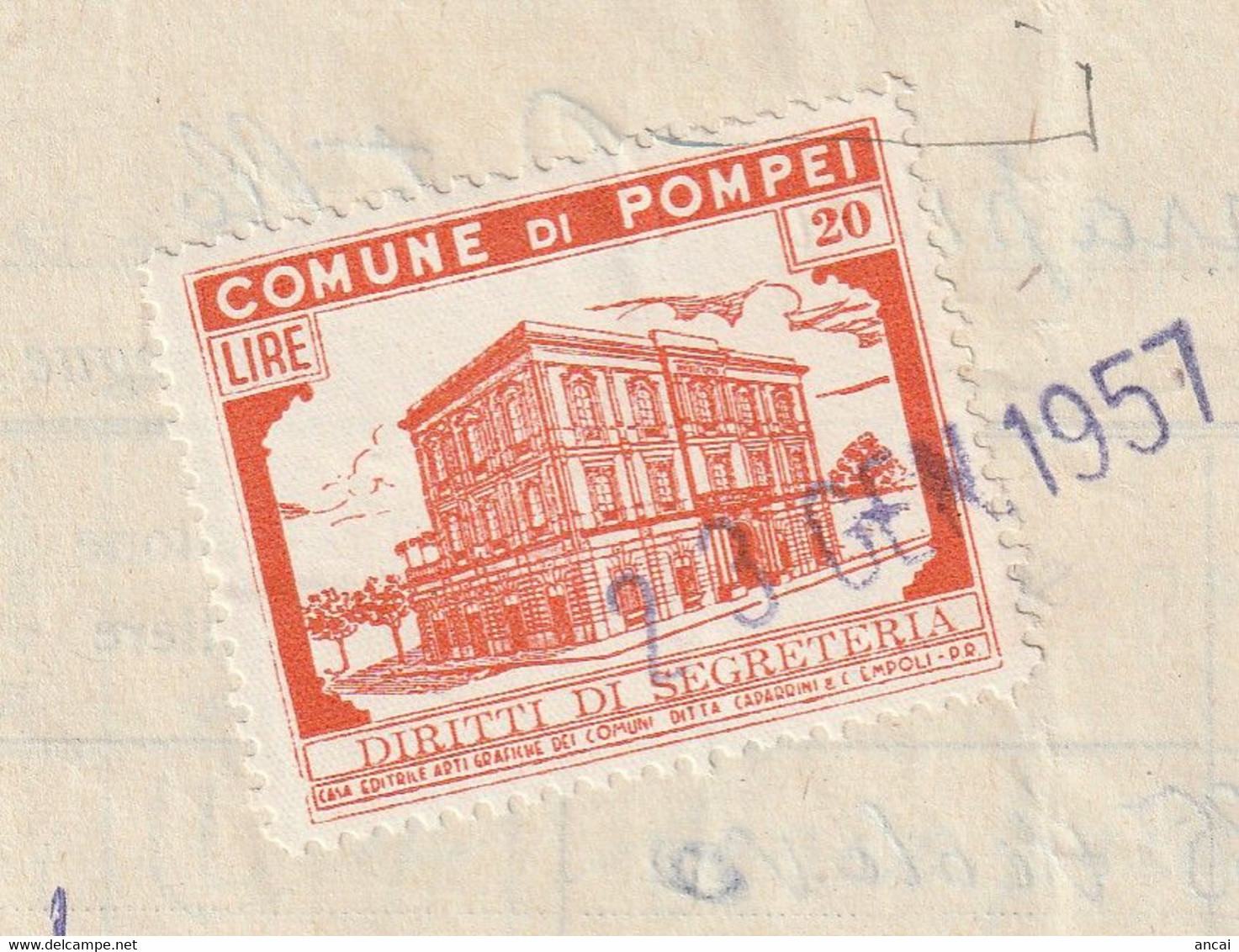 Pompei. 1957. Marca Municipale (marca Comunale) Diritti Di Segreteria L. 20,  Al Verso Di Stato Di Famiglia - Unclassified