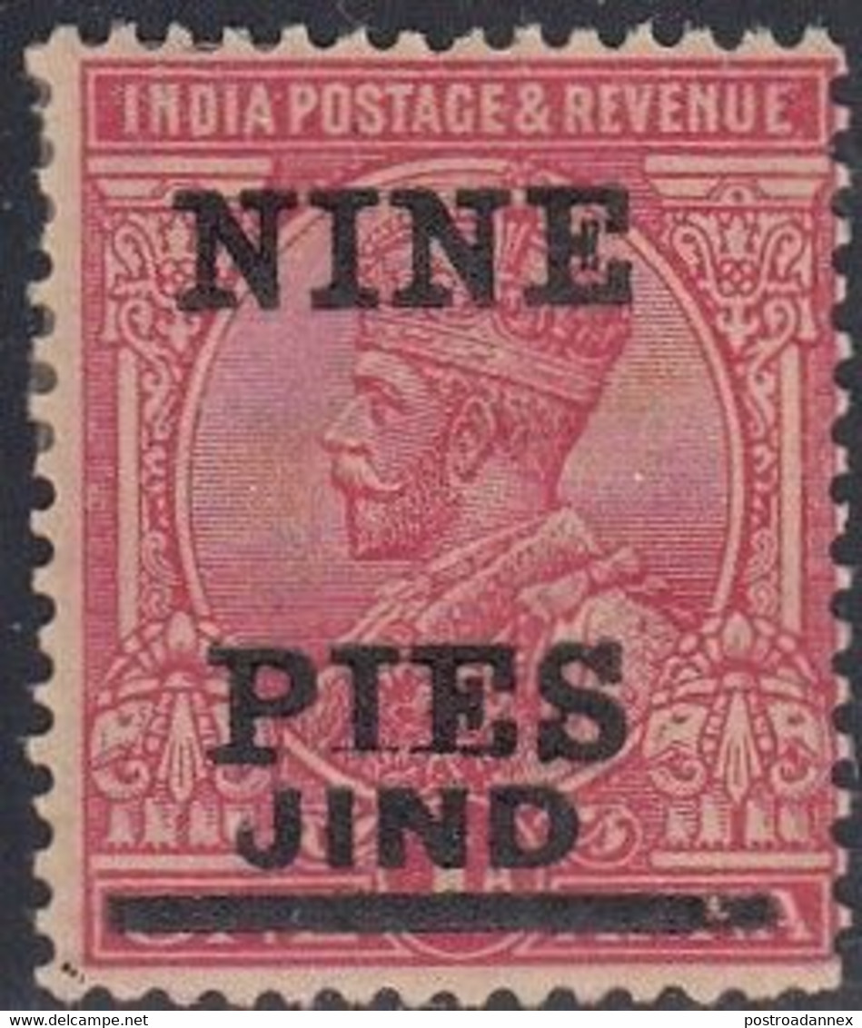 Jhind, Scott #98, Mint Hinged, George V Surcharged, Issued 1921 - Jhind