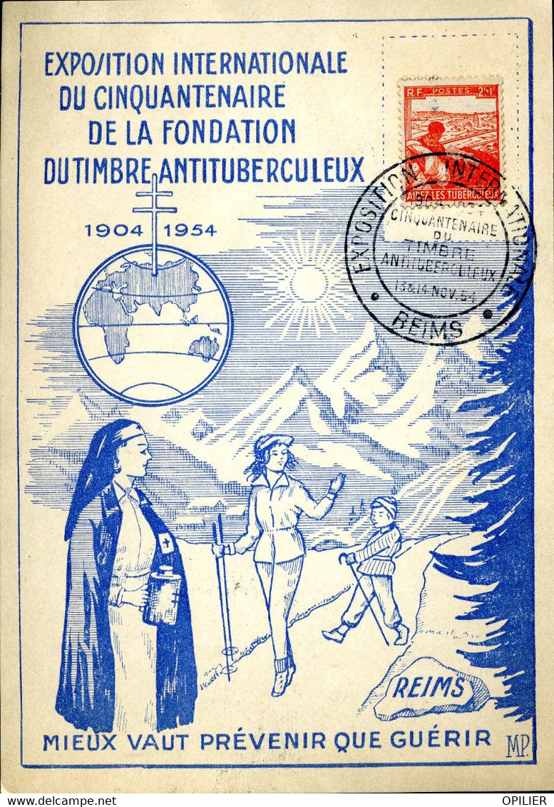 Aidez Les Tuberculeux Cachet Illustré Reims 13/11/1954 Carte Exposition Du Cinquentenaire De La Fondation - 1950-1959