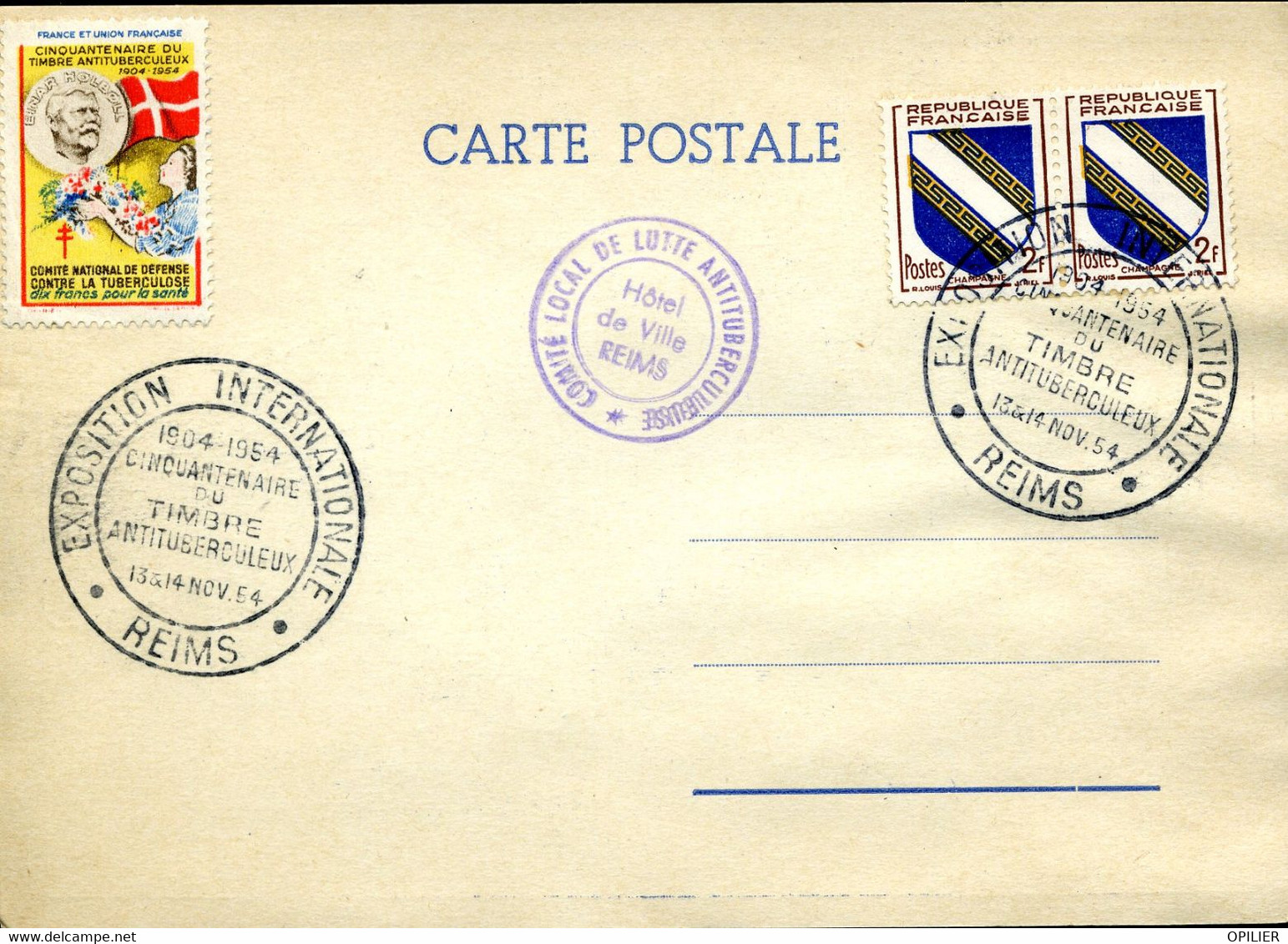 Aidez Les Tuberculeux Cachet Illustré Reims 13/11/1954 Carte Exposition Du Cinquentenaire De La Fondation - 1950-1959