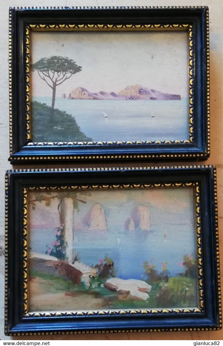 Coppia Di Dipinti Ad Olio Su Tavoletta Capri: Isola E Faraglioni 1960 (D31) Come Da Foto 12,0 X 9,0 Cm Con Cornice 14,0 - Gouaches