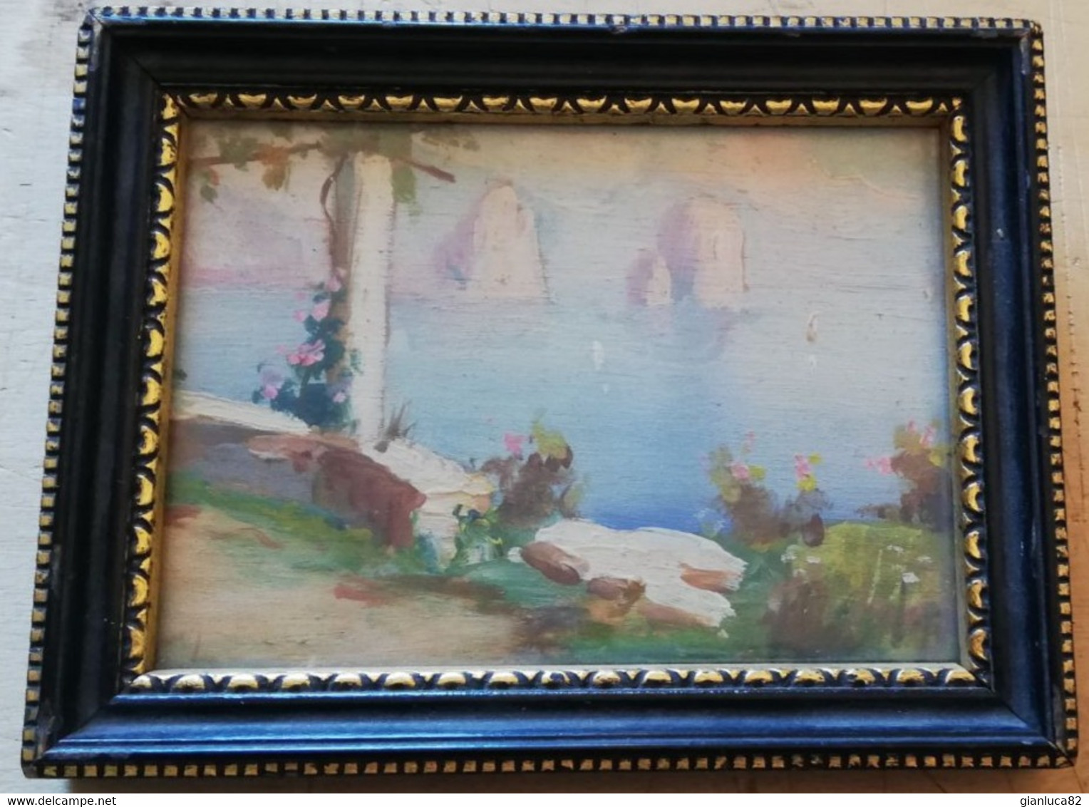 Coppia Di Dipinti Ad Olio Su Tavoletta Capri: Isola E Faraglioni 1960 (D31) Come Da Foto 12,0 X 9,0 Cm Con Cornice 14,0 - Waterverf