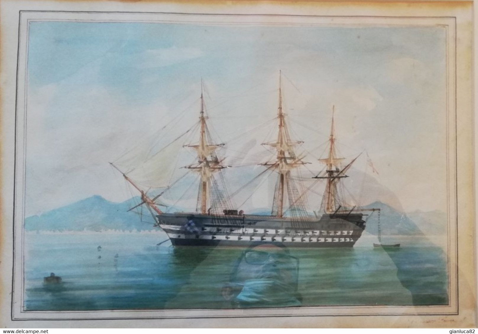 Acquarello D’epoca Su Carta Napoli: Golfo Vesuvio Con Vascello Da Guerra Inglese (D40) Come Da Foto Firma Lato Destro 39 - Estampas