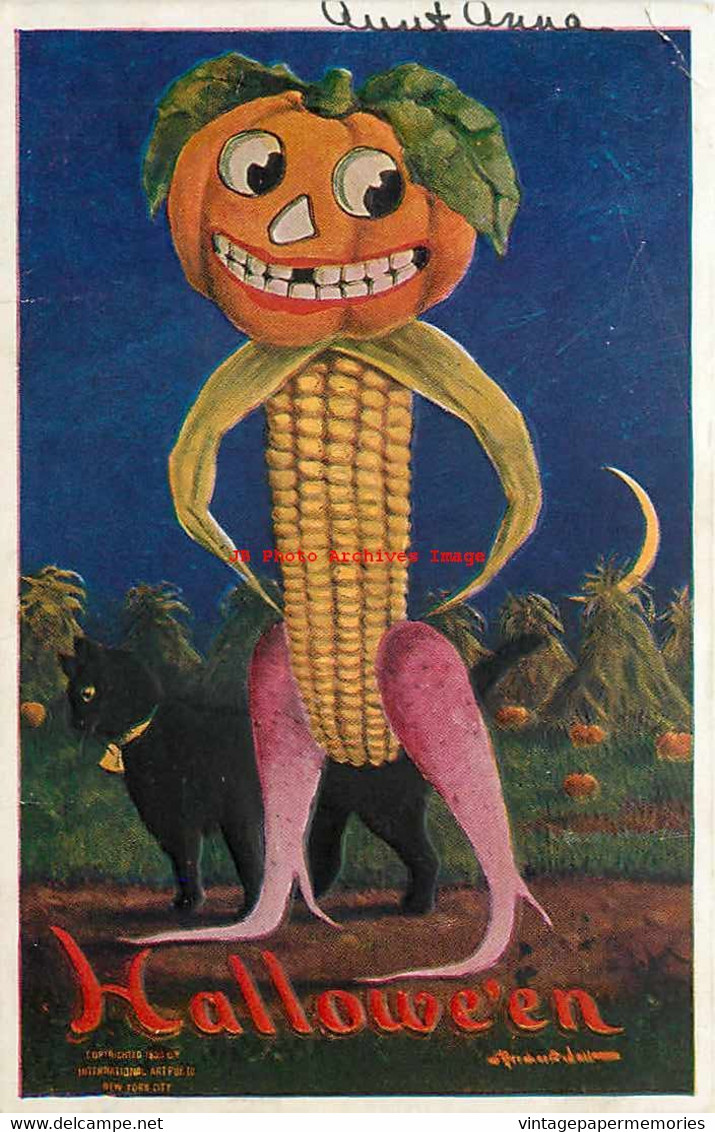 265417-Halloween, IAP 1908 No IAP02-3, Bernhardt Wall, Black Cat With JOL Corn Man - Halloween