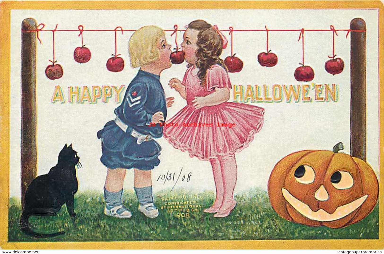 265437-Halloween, IAP 1908 No IAP01-5, Bernhardt Wall, Black Cat & JOL Watch Boy & Girl Biting The Same Apple - Halloween