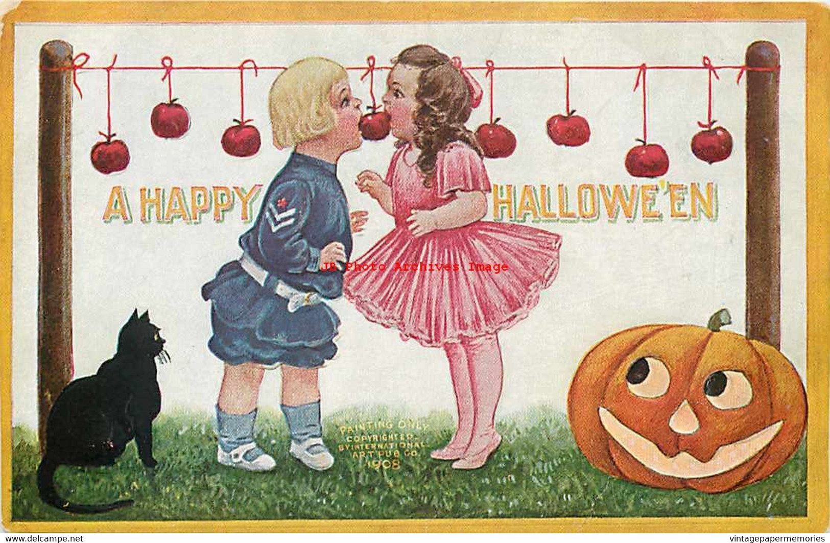 265445-Halloween, IAP 1908 No IAP01-5, Bernhardt Wall, Black Cat & JOL Watch Boy & Girl Biting The Same Apple - Halloween