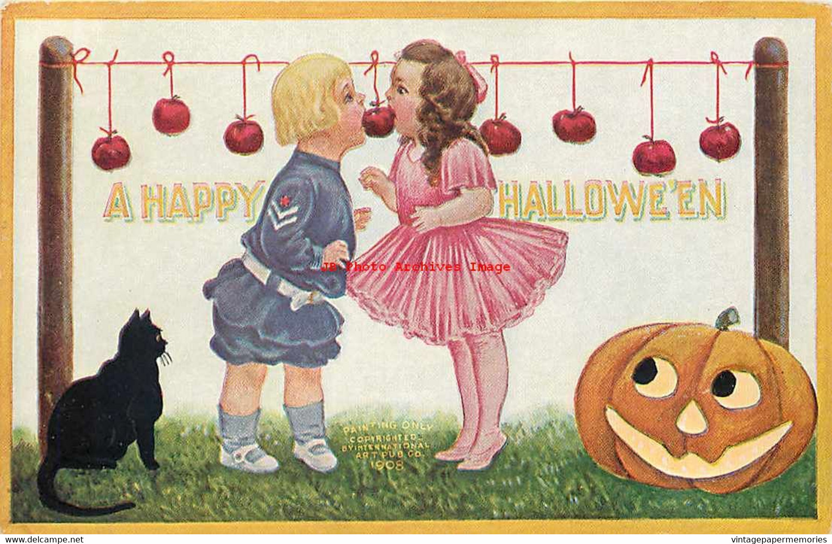 265447-Halloween, IAP 1908 No IAP01-5, Bernhardt Wall, Black Cat & JOL Watch Boy & Girl Biting The Same Apple - Halloween