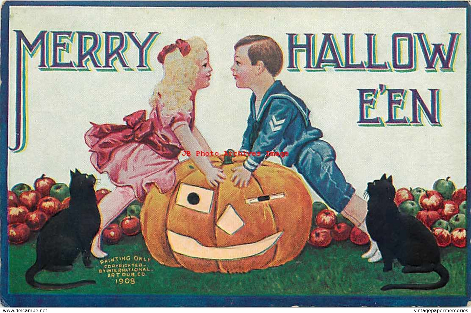 265453-Halloween, IAP 1908 No IAP01-6, Bernhardt Wall, Black Cats Watching Boy & Girl Leaning Over Jack O Lantern - Halloween