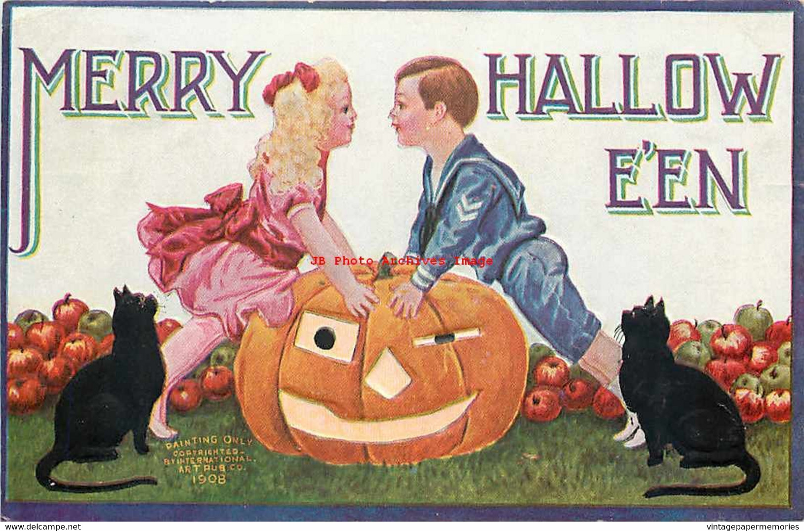 265455-Halloween, IAP 1908 No IAP01-6, Bernhardt Wall, Black Cats Watching Boy & Girl Leaning Over Jack O Lantern - Halloween