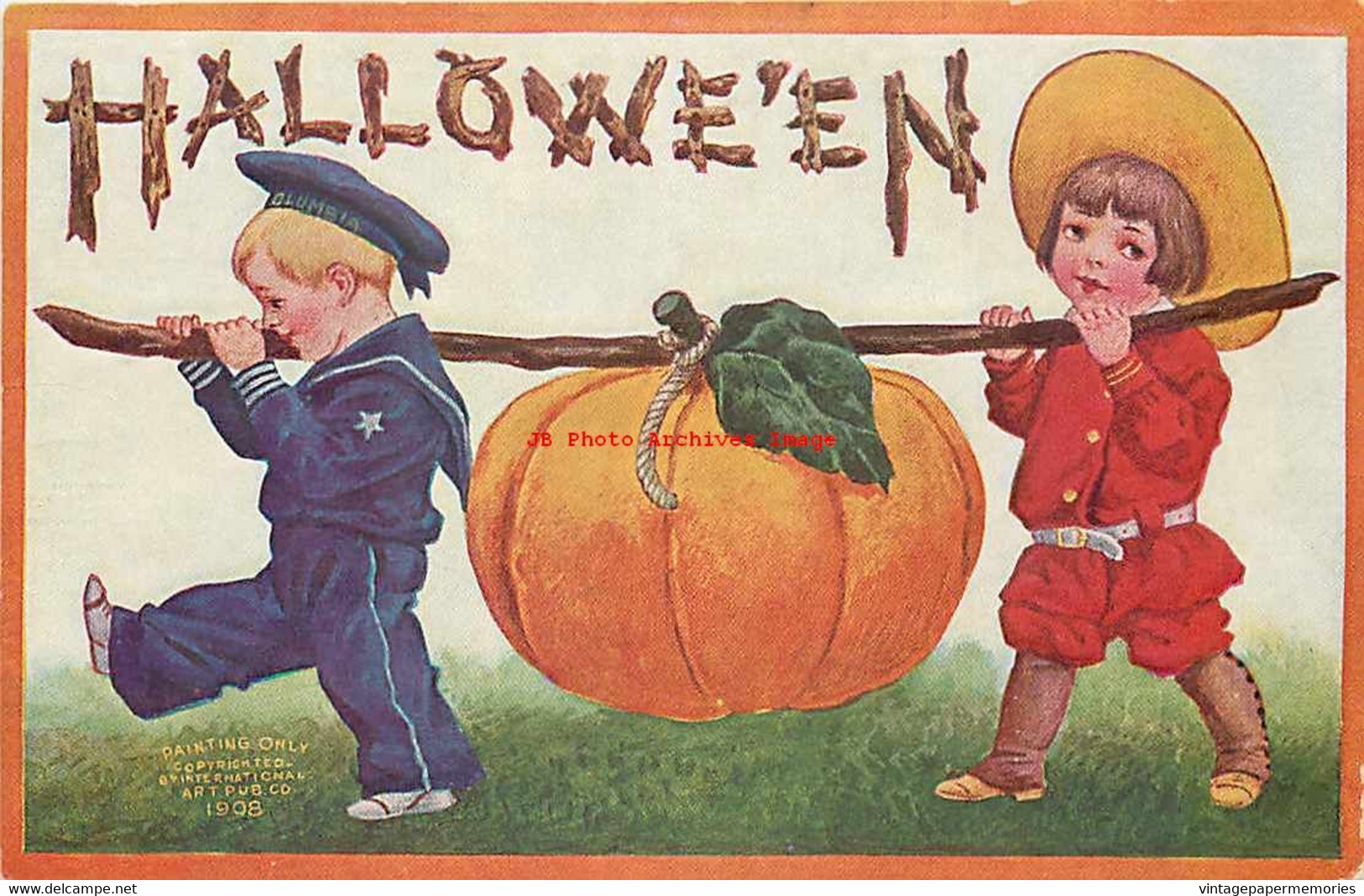 265459-Halloween, IAP 1908 No IAP01-3, Bernhardt Wall, Children Carrying Large Pumpkin - Halloween