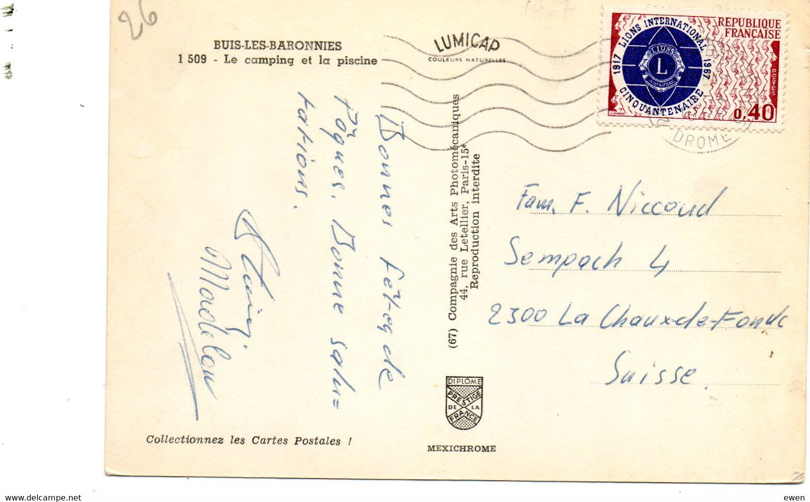 Timbre 0.40F Lions International (N°1534) Seul Sur Carte Postale Pour La Suisse - 1961-....