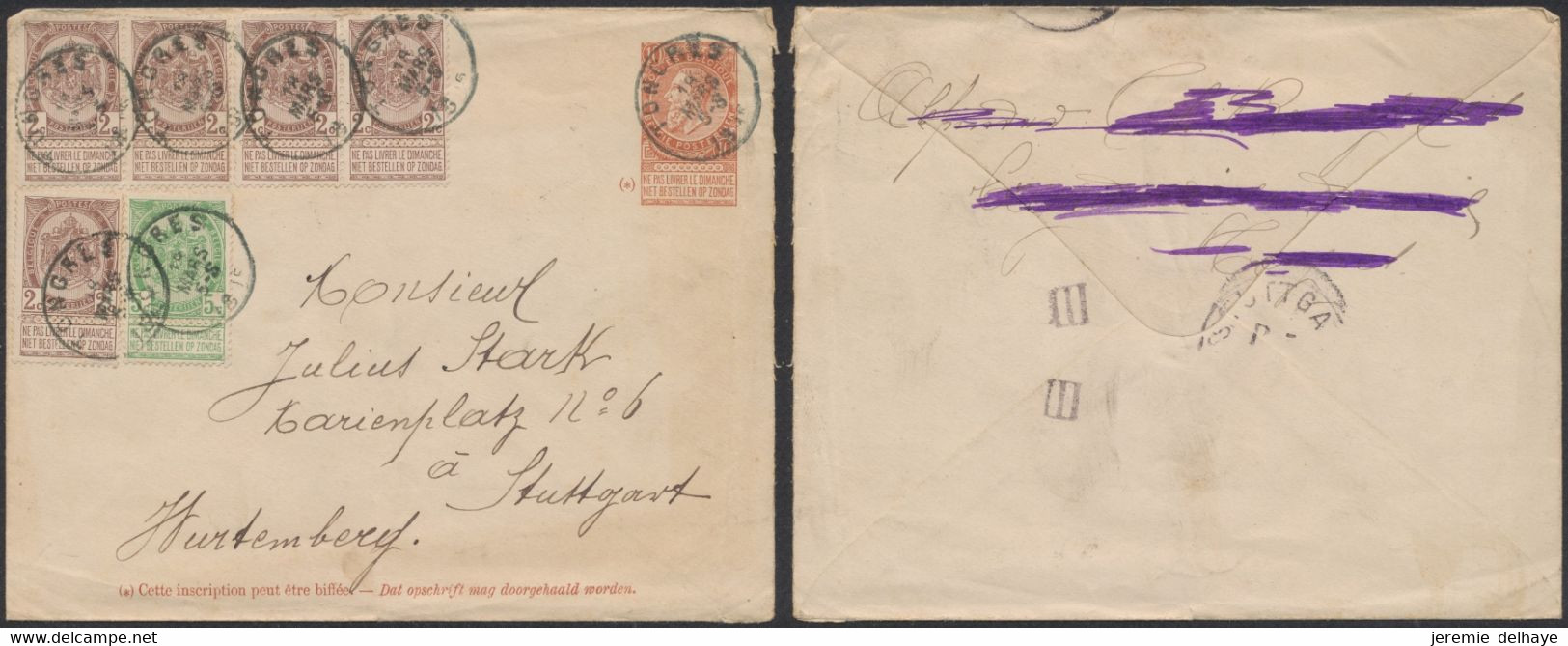 EP Au Type Env. 10ctm Orange Fine Barbe + N°55 X5 (2 Paires) Et 56, De Tongres (1895) > Stuttgart (Allemagne) - Covers