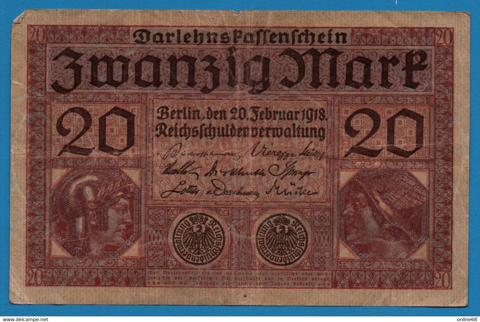 DEUTSCHES REICH 20 Mark  	  20.02.1918 # B.6198188 P# 57 Minerva And Mercury - Reichsschuldenverwaltung