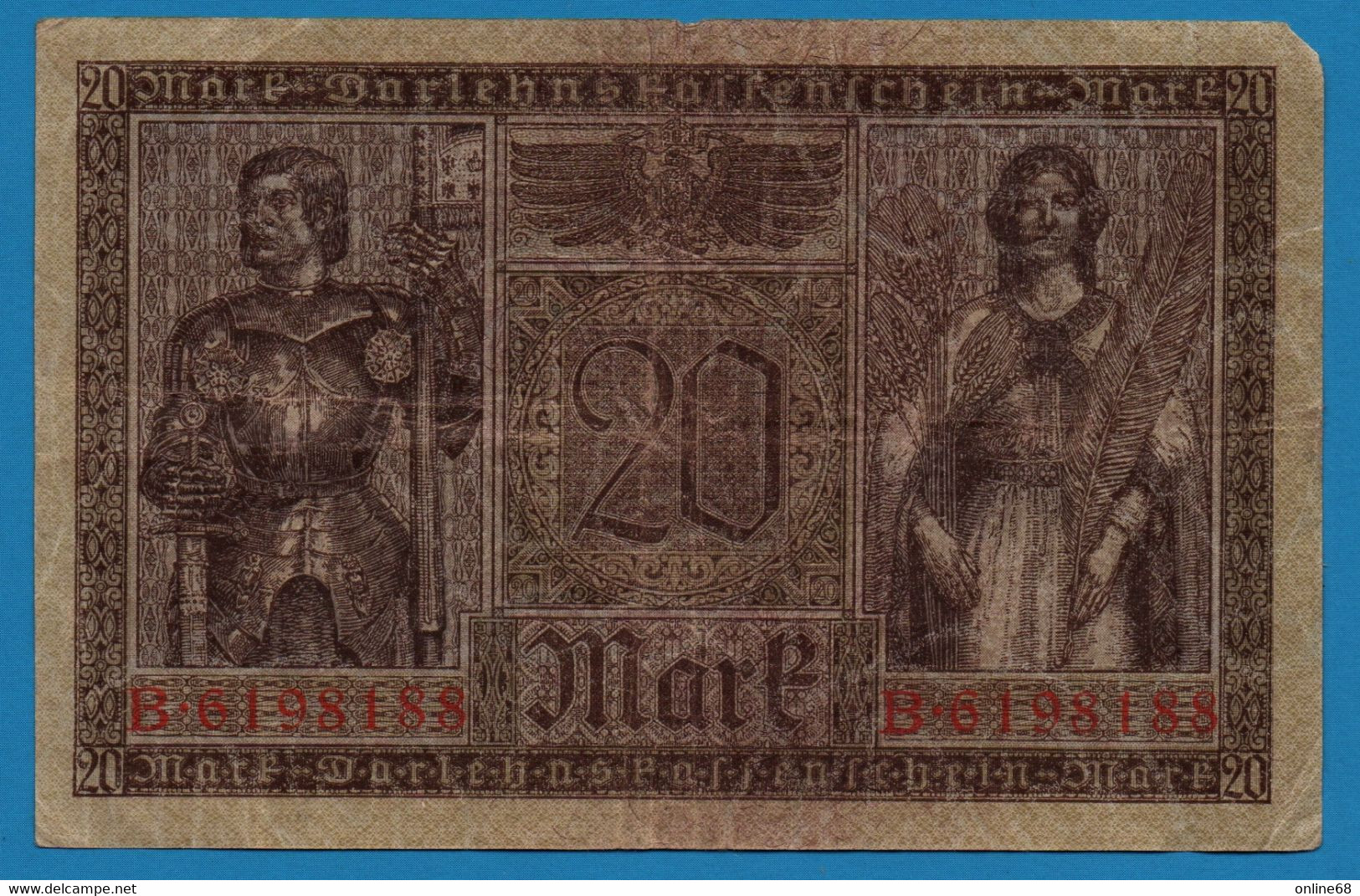 DEUTSCHES REICH 20 Mark  	  20.02.1918 # B.6198188 P# 57 Minerva And Mercury - Reichsschuldenverwaltung