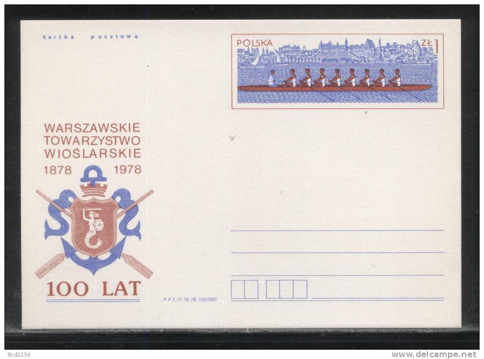 POLAND PC 1978 100 YEARS OF WARSAW ROWING CLUB MINT MERMAID COAT OF ARMS OARS ANCHOR Cp 699 WATER SPORTS - Aviron