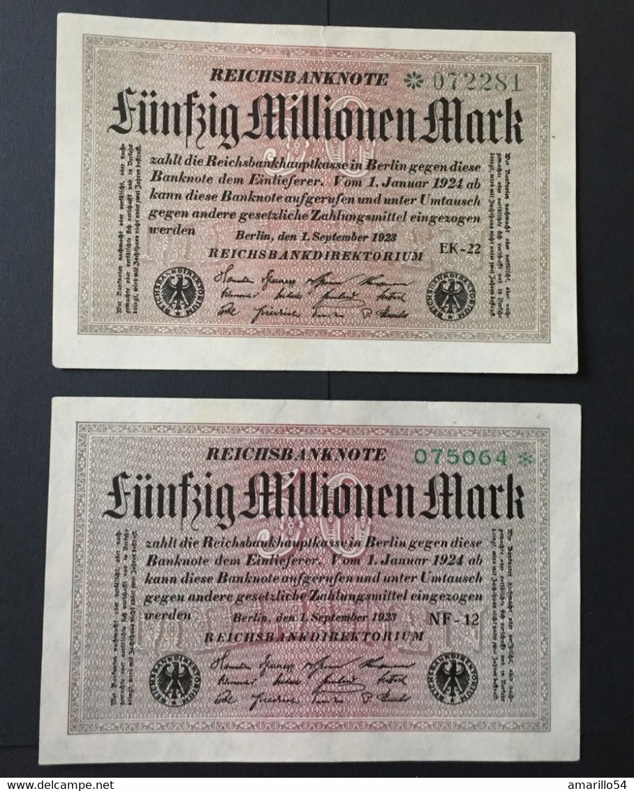 Lot Banknoten Reichsbanknoten 50 Millionen Mark 1924 2 Varianten Deutschland Germany Erhaltung Siehe Scans - 50 Millionen Mark