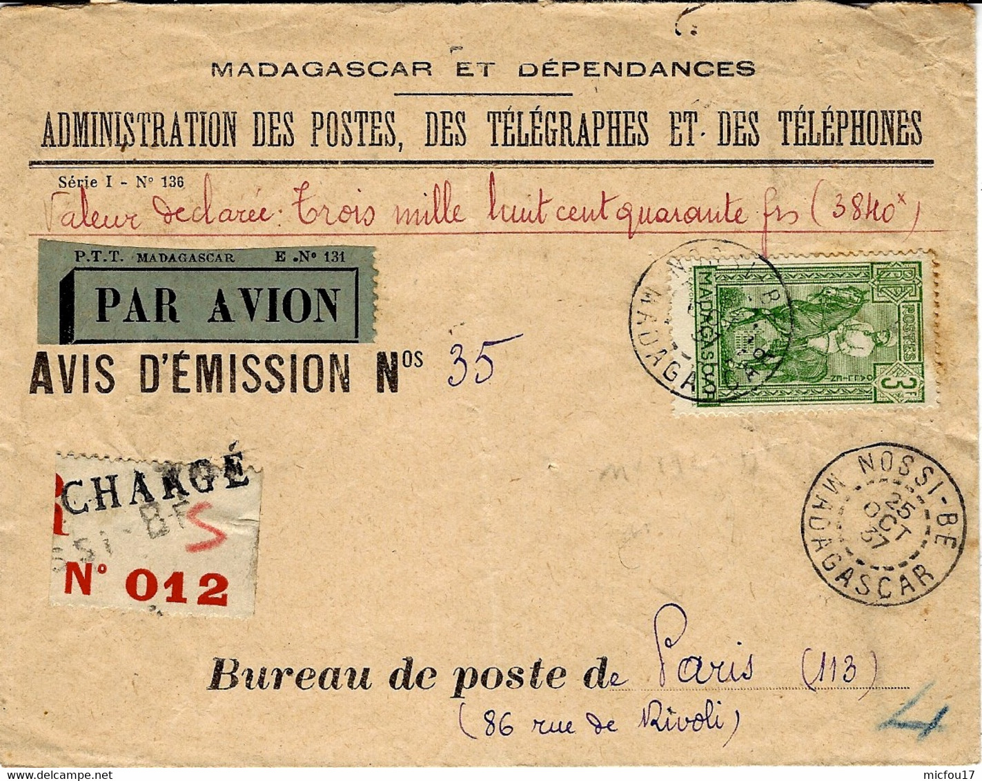 1937- Env. Des P.T.T. Par Avion CHARGE 3840 F Pour Paris Affr. 3 F Oblit. NOSSI-BE / MADAGASCAR - Storia Postale