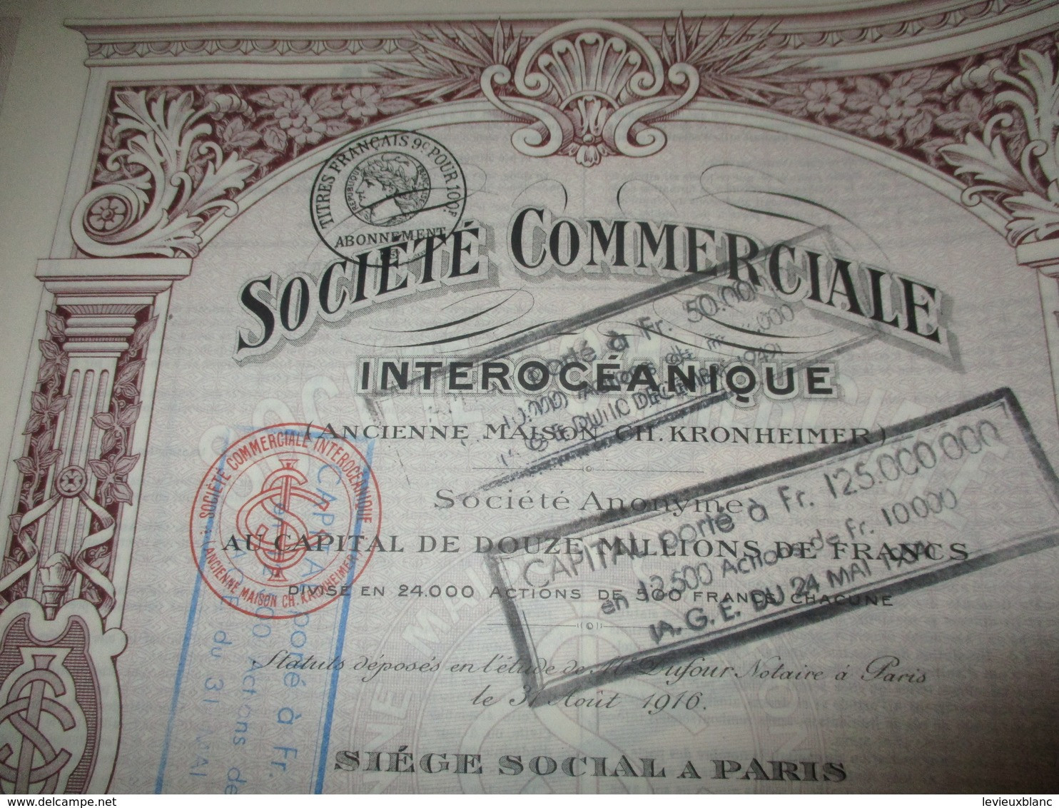 Part Bénéficiaire Au Porteur /Société Commerciale Interocéanique/ Ancienne Maison Ch Kronheimer /Paris /1916   ACT222bis - Navegación