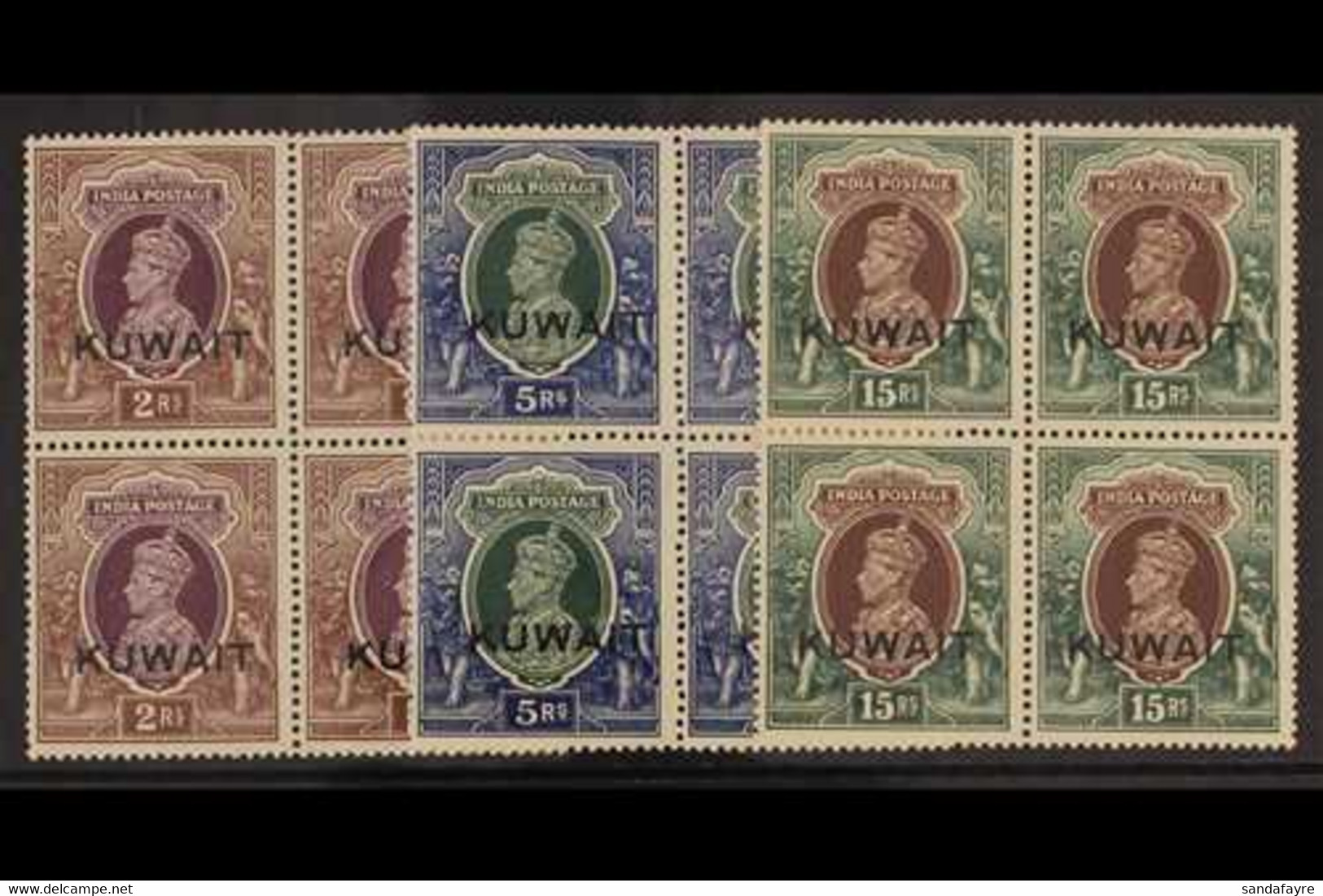 1939  2rs, 5r, & 15r (invtd Wmk), Geo VI, SG 48, 49, 51w, In Never Hinged Mint Blocks Of 4. (12 Stamps) For More Images, - Kuwait