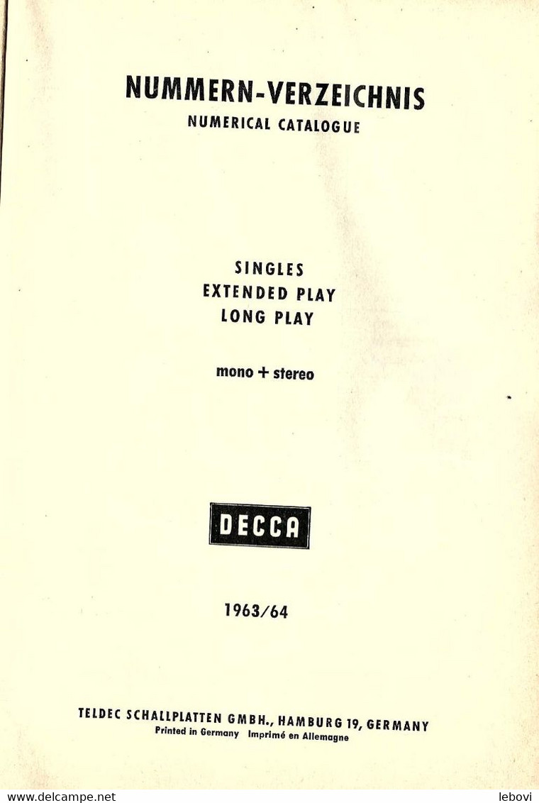 DECCA 1963/64 NUMERICAL -CATALOGUE ALLEMAND - Accessoires, Pochettes & Cartons