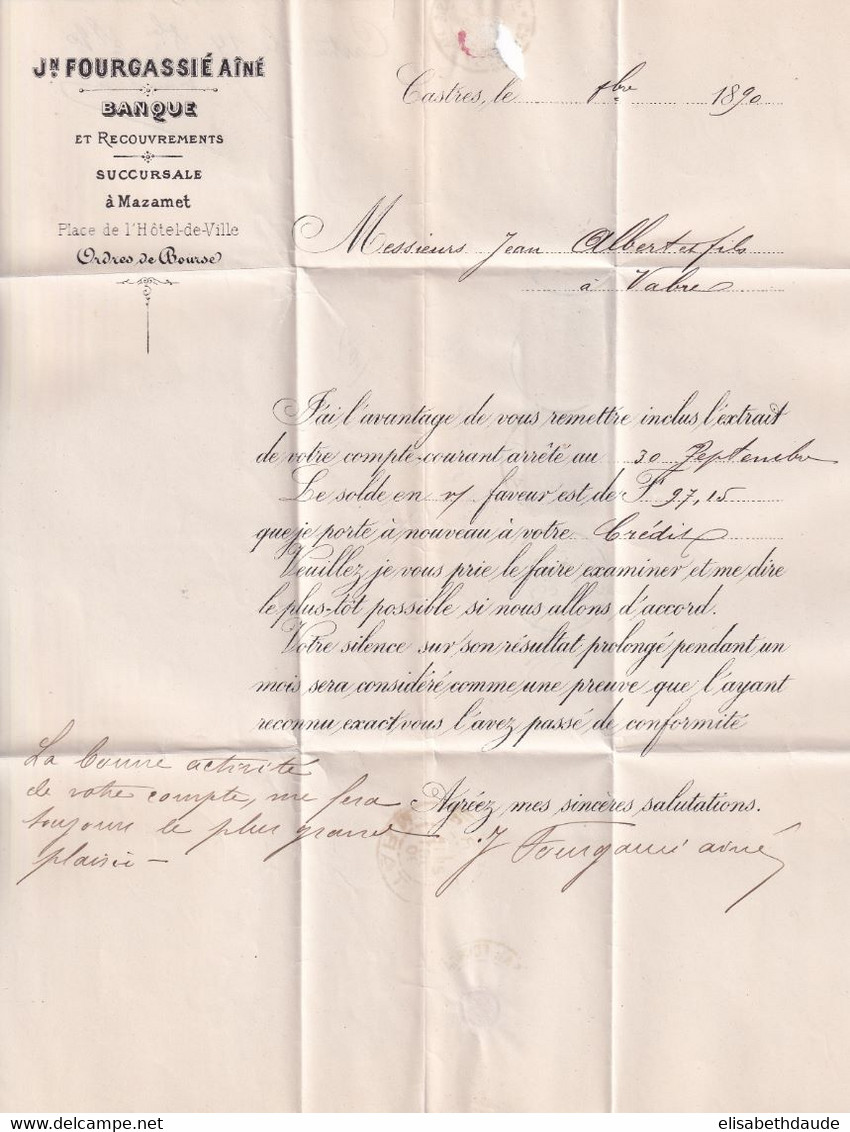 SAGE PERFORE - 1890 - LETTRE De La BANQUE FOURGASSIE CASTRES (TARN) => VABRE - Autres & Non Classés