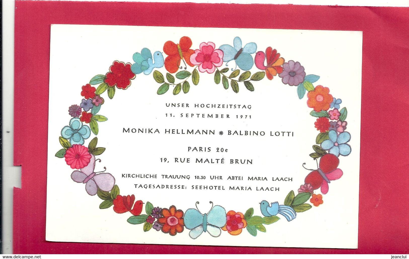 FAIRE PART DE MARIAGE Le 11 SEPTEMBRE 1971 De Melle MONIKA HELLMANN & BALBINO LOTTI A PARIS 20e .19 Rue MALTE BRUN - Réceptions