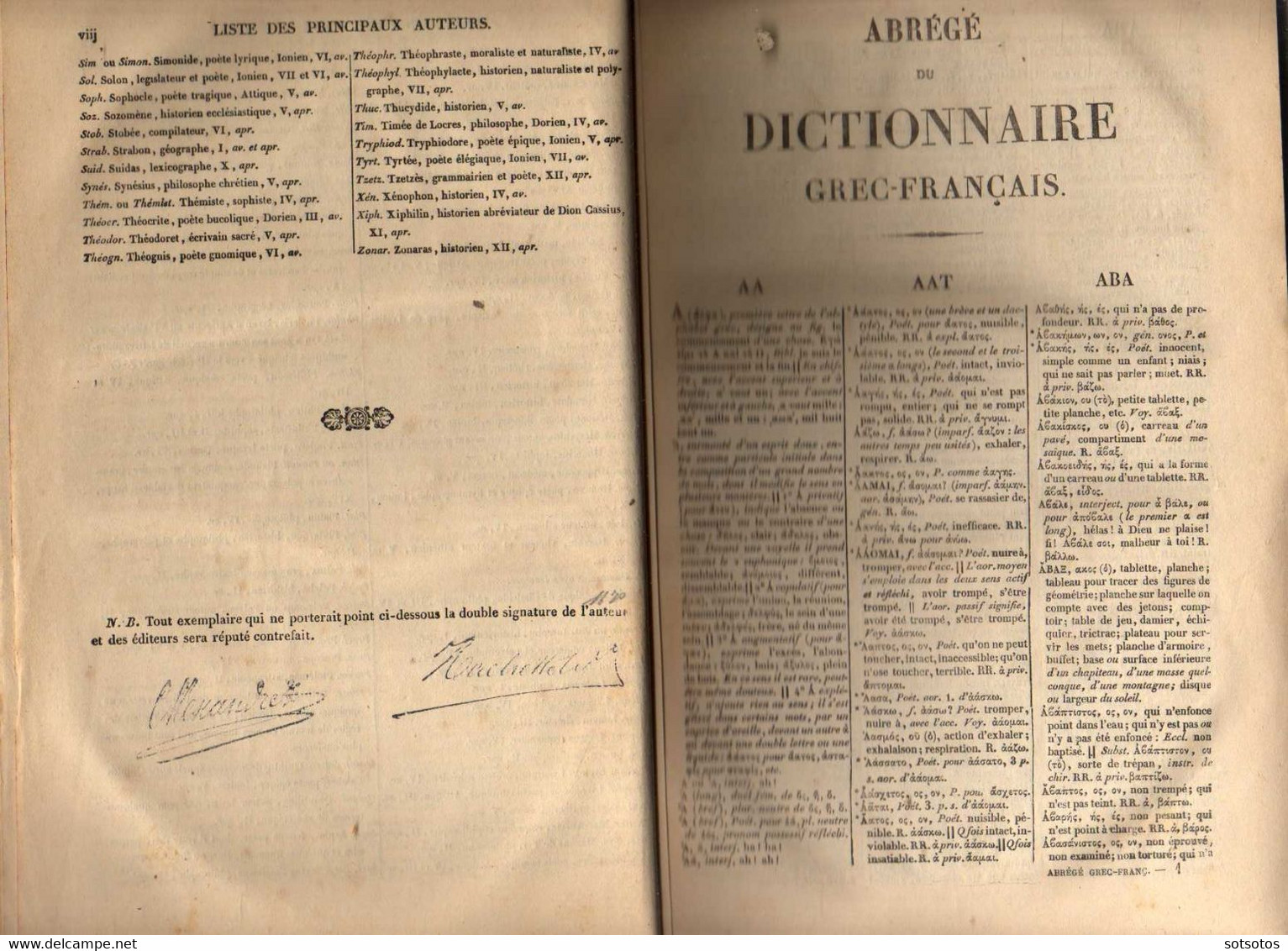 Abrégé du Dictionnaire Grec-Français  par C. Alexandre ; à l’ usage des Classes de Grammaire - dix-huitième tirage - Lib