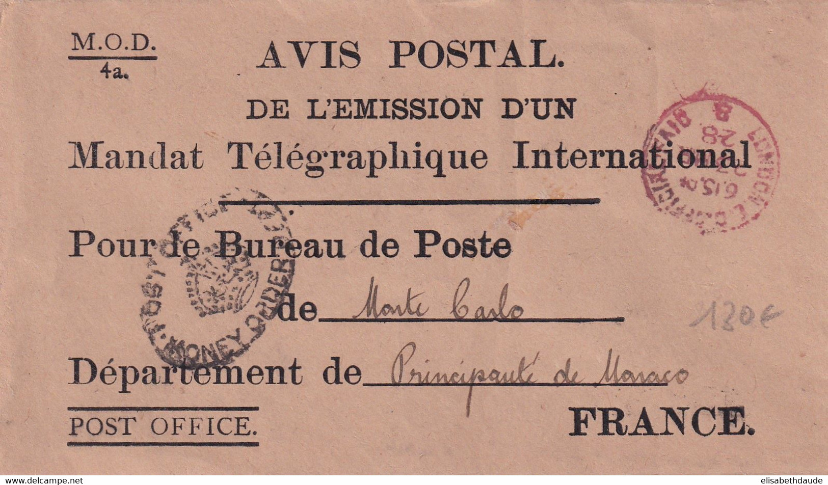MONACO 1928 - RARE ENVELOPPE AVIS POSTAL EMISSION MANDAT TELEGRAPHIQUE INTERNATIONAL De LONDRES => MONTE CARLO - Postmarks