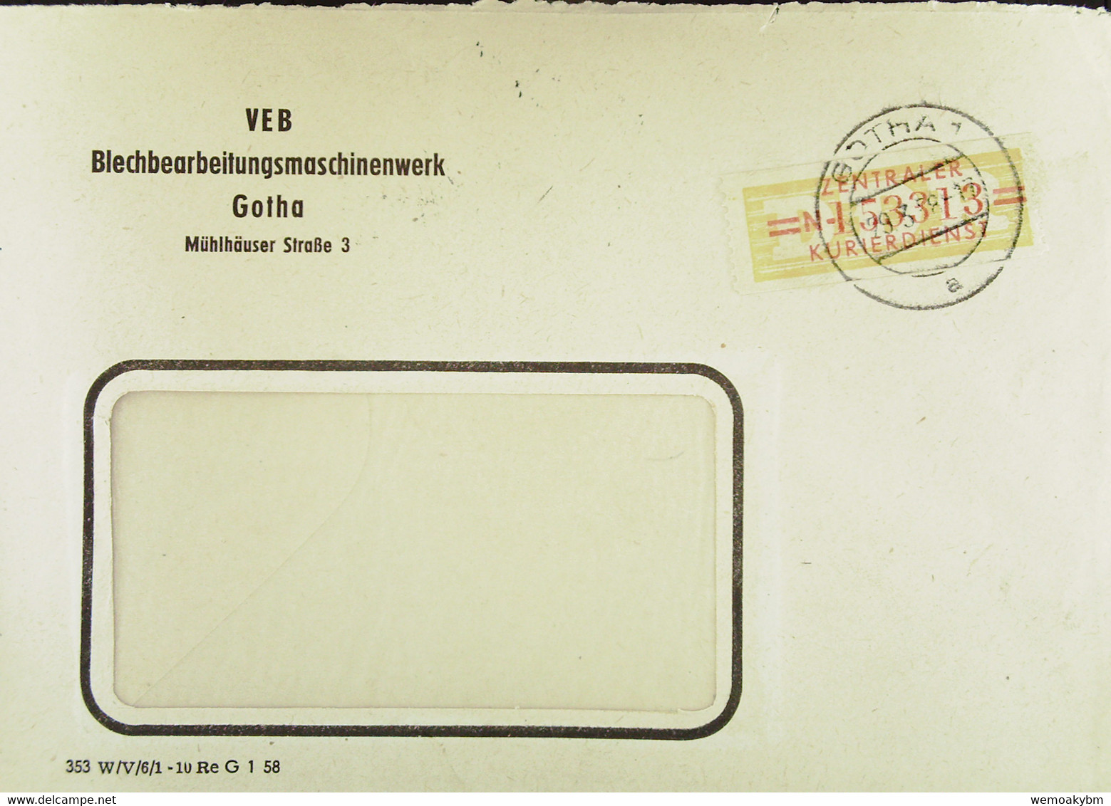 DDR: Fern-Bf Mit ZKD-Streifen Lfd.Nr: =N 153313= Vom 29.3.58 Abs: VEB Blechbearbeitungsmaschinenwerk Gotha Nach Riesa - Brieven En Documenten