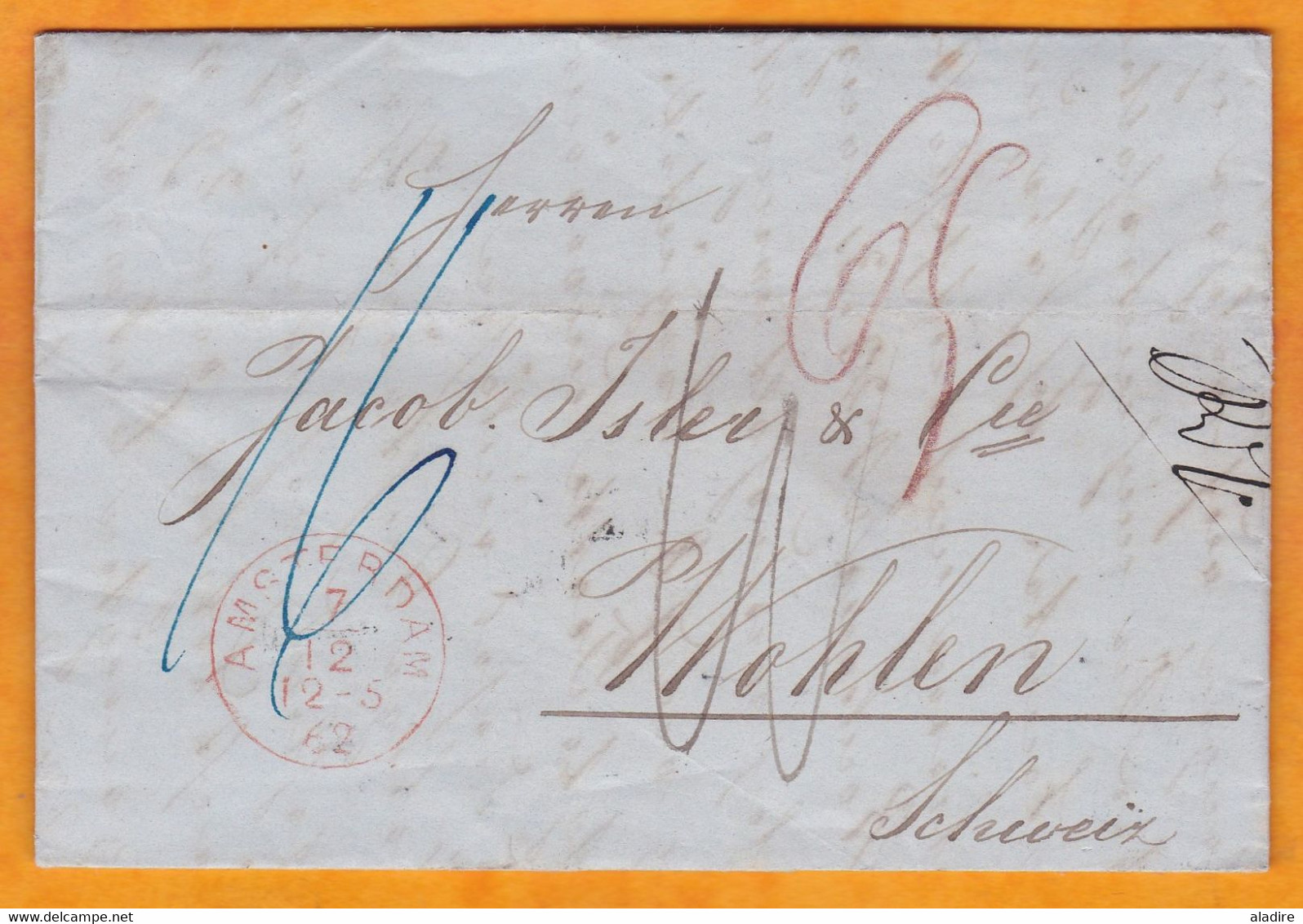 1862 - Lettre Pliée Et Comptes En Néerlandais D'Amsterdam Vers Wohlen, Suisse - Cad Transit Et Arrivée - Cartas & Documentos