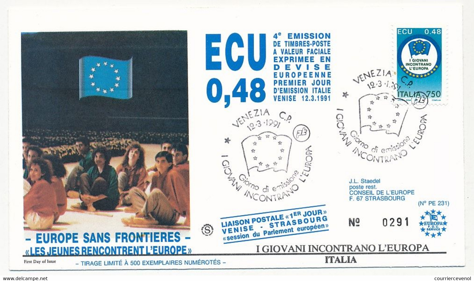 ITALIE - 0,48 ECU "Les Jeunes Rencontrent L'Europe" - 4eme Timbre En écu - Premier Jour VENEZIA 12/3/1991 - FDC