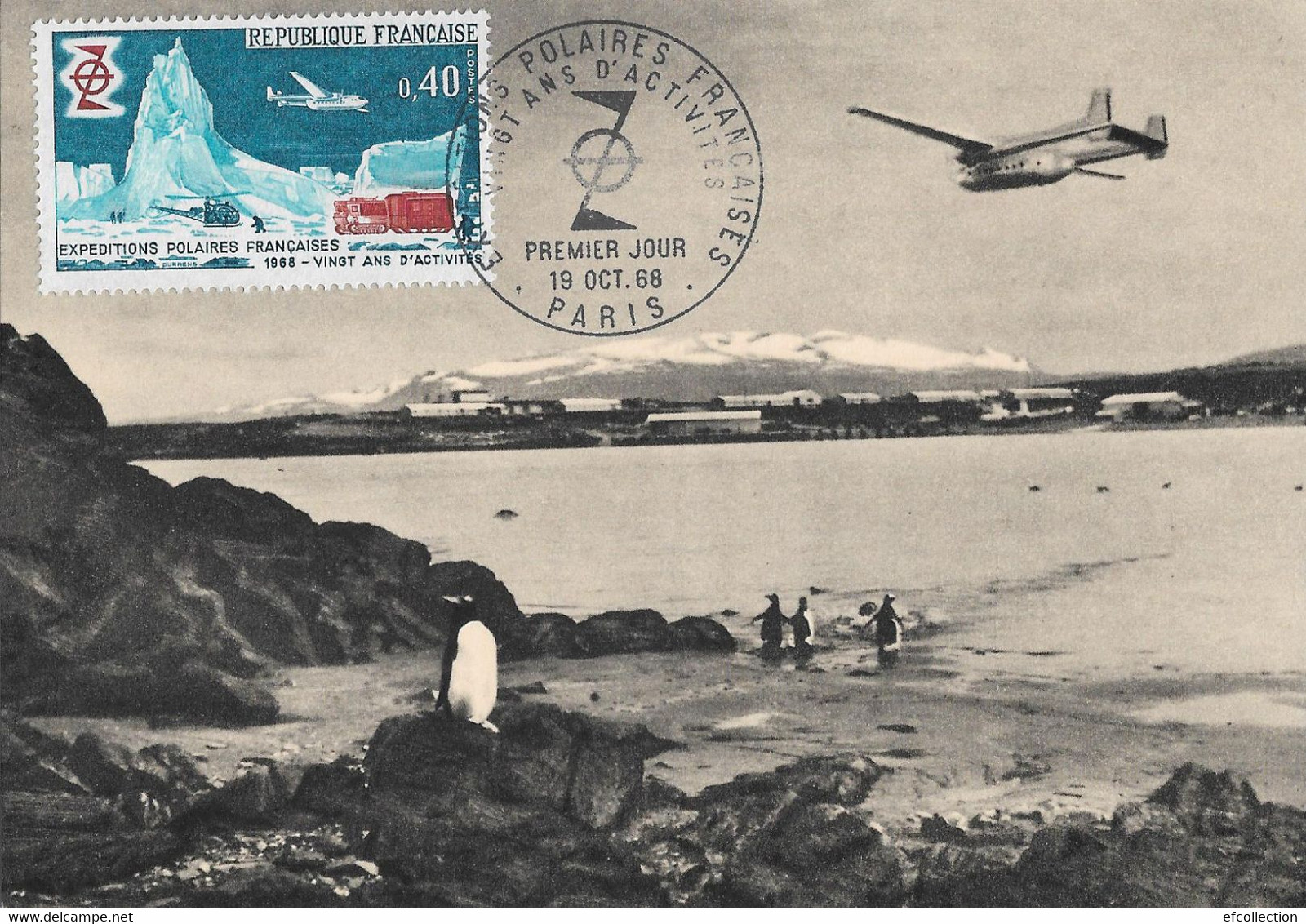 ILES KERGUELEN LA BASE SCIENTIFIQUE GRANDE TERRE PORT AUX FRANÇAIS AVIATION AVION EXPEDITIONS POLAIRES CARTE TIMBRE 1968 - TAAF : French Southern And Antarctic Lands