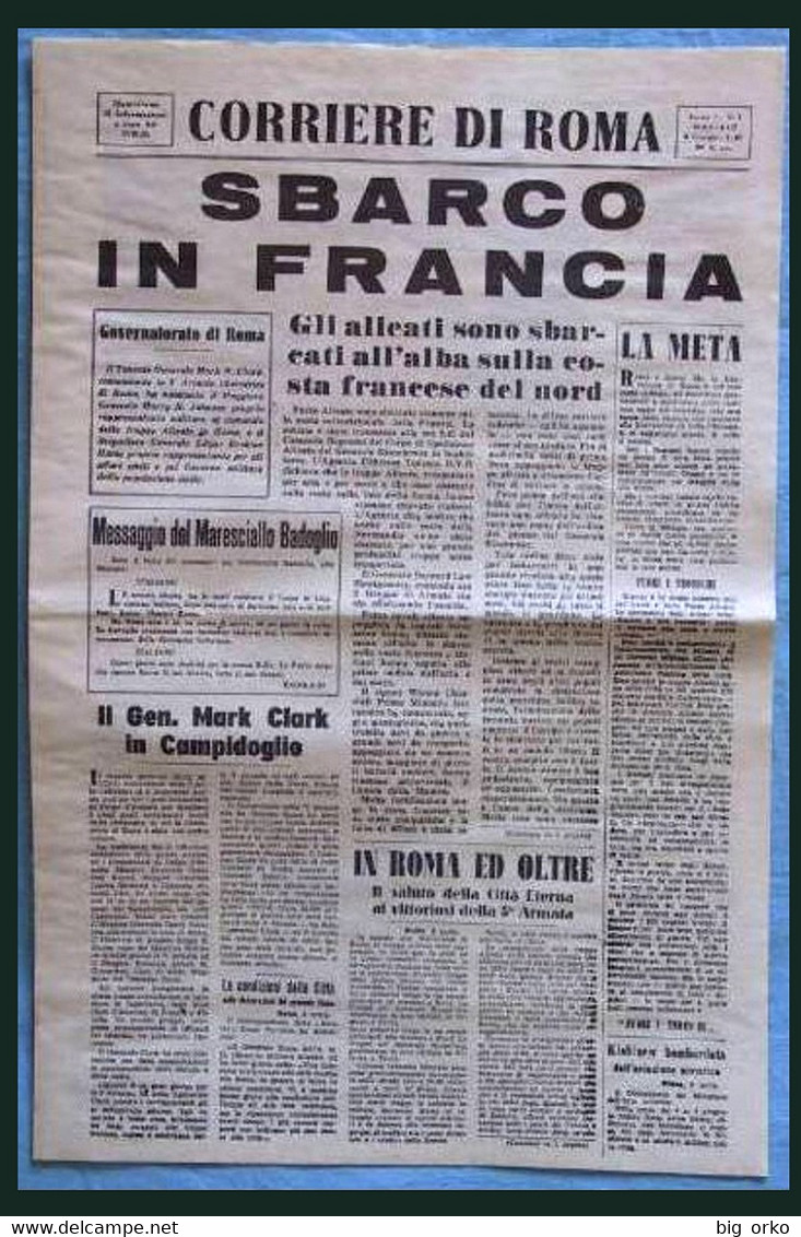 CORRIERE DI ROMA - 6 Giugno 1944 (Lo Sbarco In Normandia) - Italian Newspaper: II World War - Italian