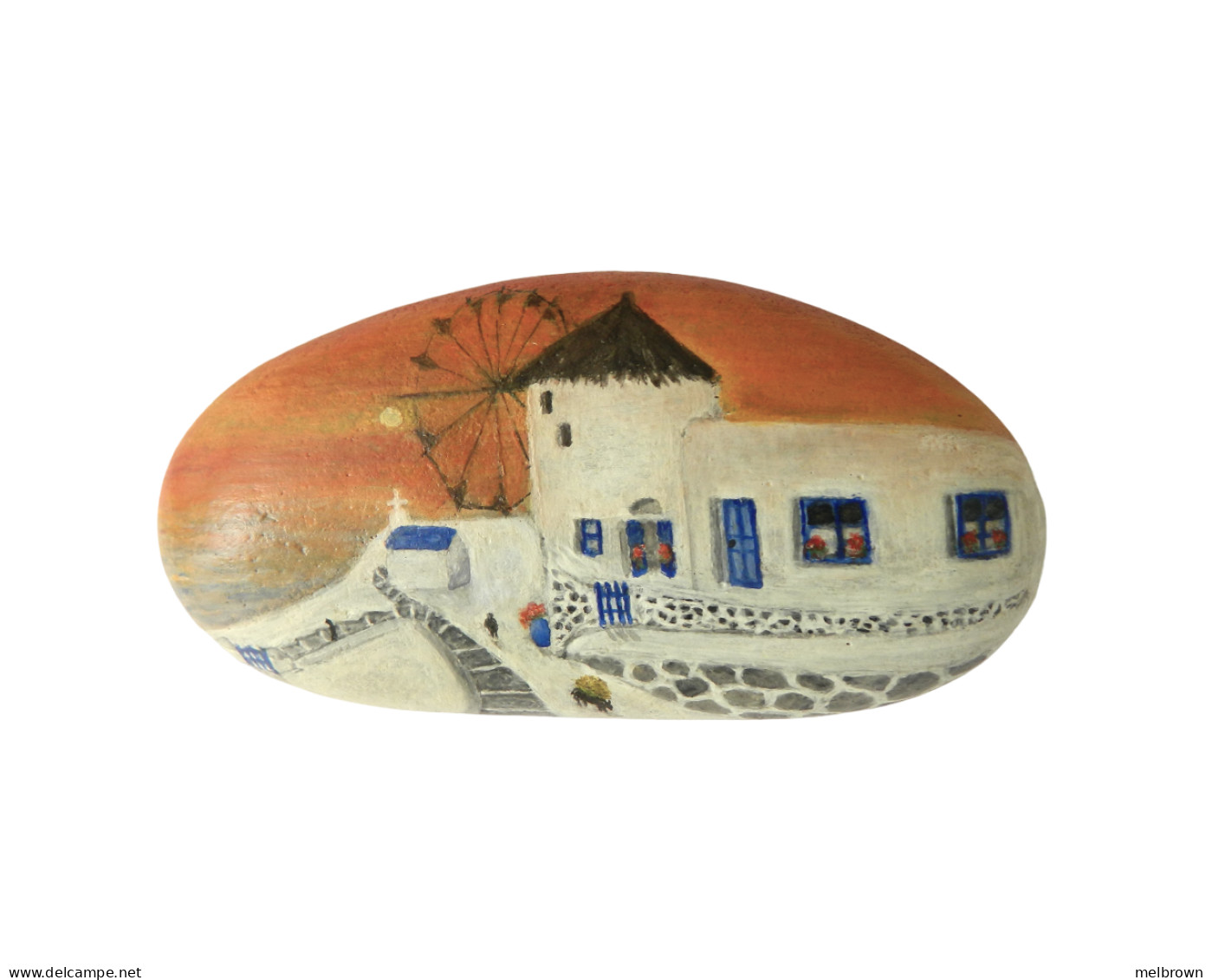 Original Painting Of A Greek Windmill Scene Hand Painted On A Beach Stone Paperweight - Paper-weights