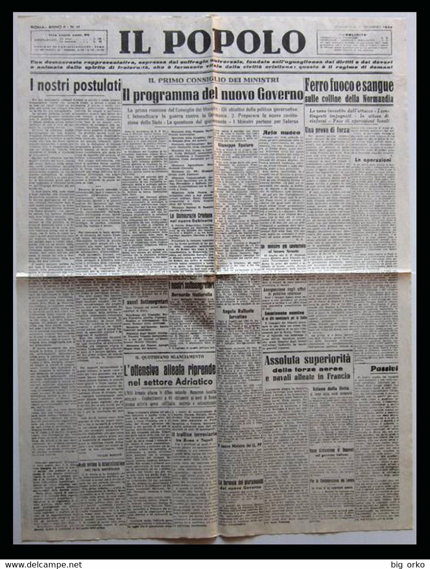 IL POPOLO – 11 Giugno 1944 (La Liberazione Di Roma - Programma Del Nuovo Governo - Guerra In Normandia) - Italienisch