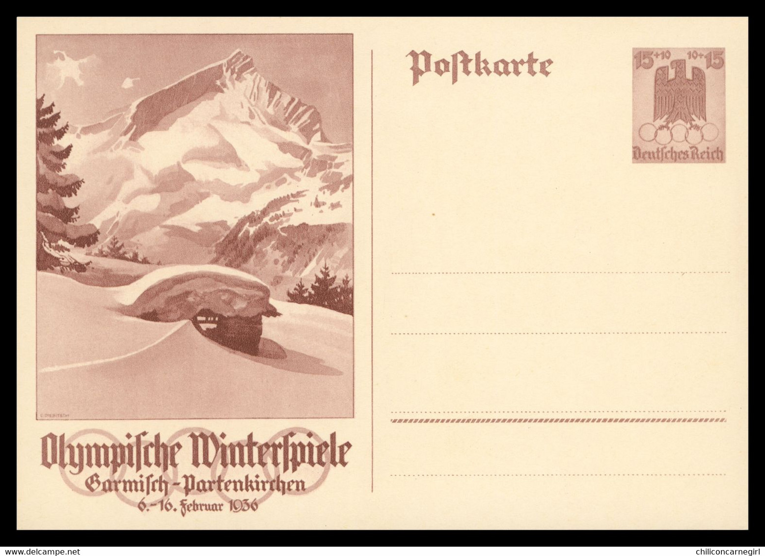 Entier Postal - Ganzsache - Olympische Winterspiele 1936 - Deutsches Reich 15 + 10 - Garmisch Partenkirchen - Hiver 1936: Garmisch-Partenkirchen