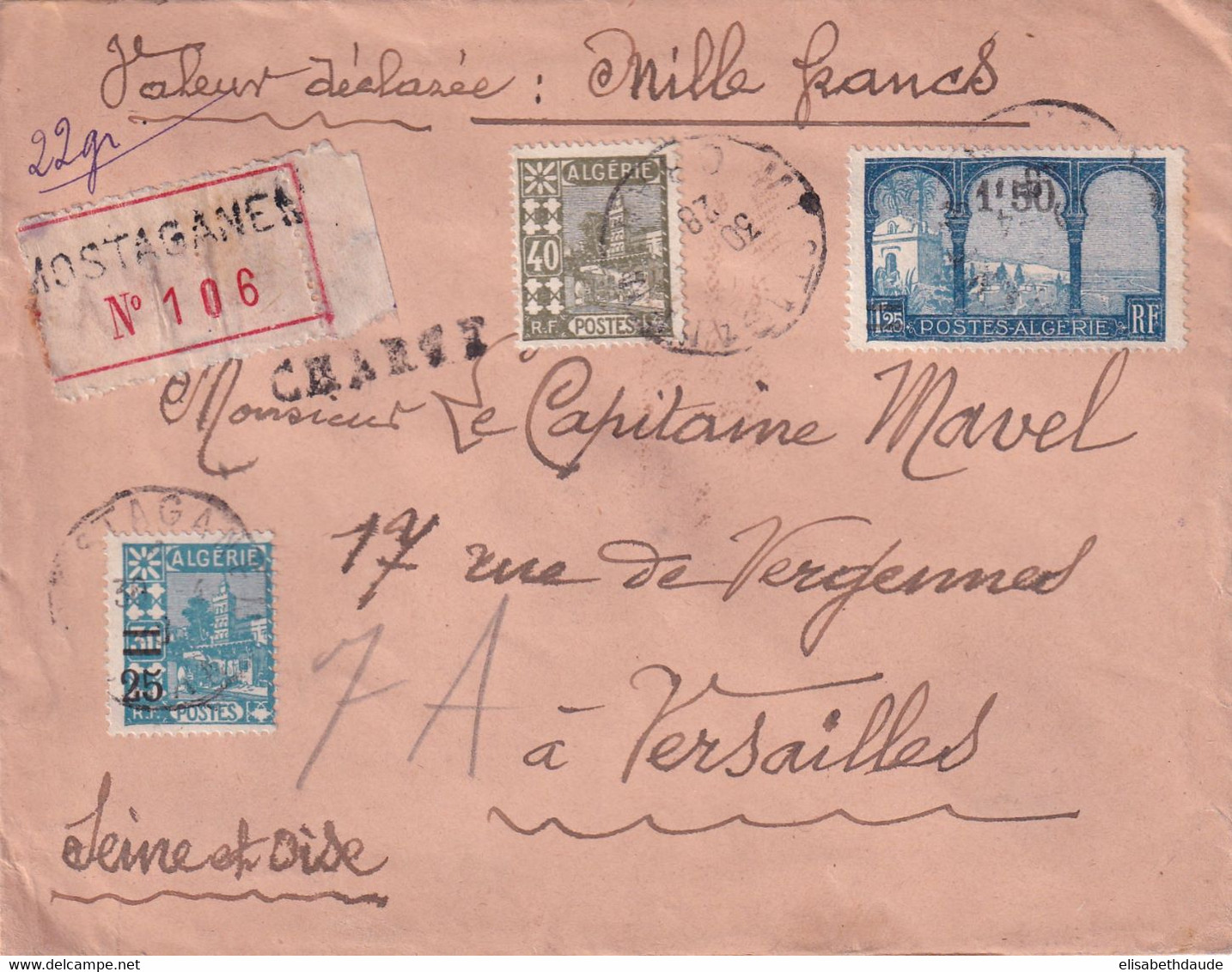 1928 - ALGERIE - ENVELOPPE CHARGEE ! De MOSTAGANEM => VERSAILLES - Covers & Documents