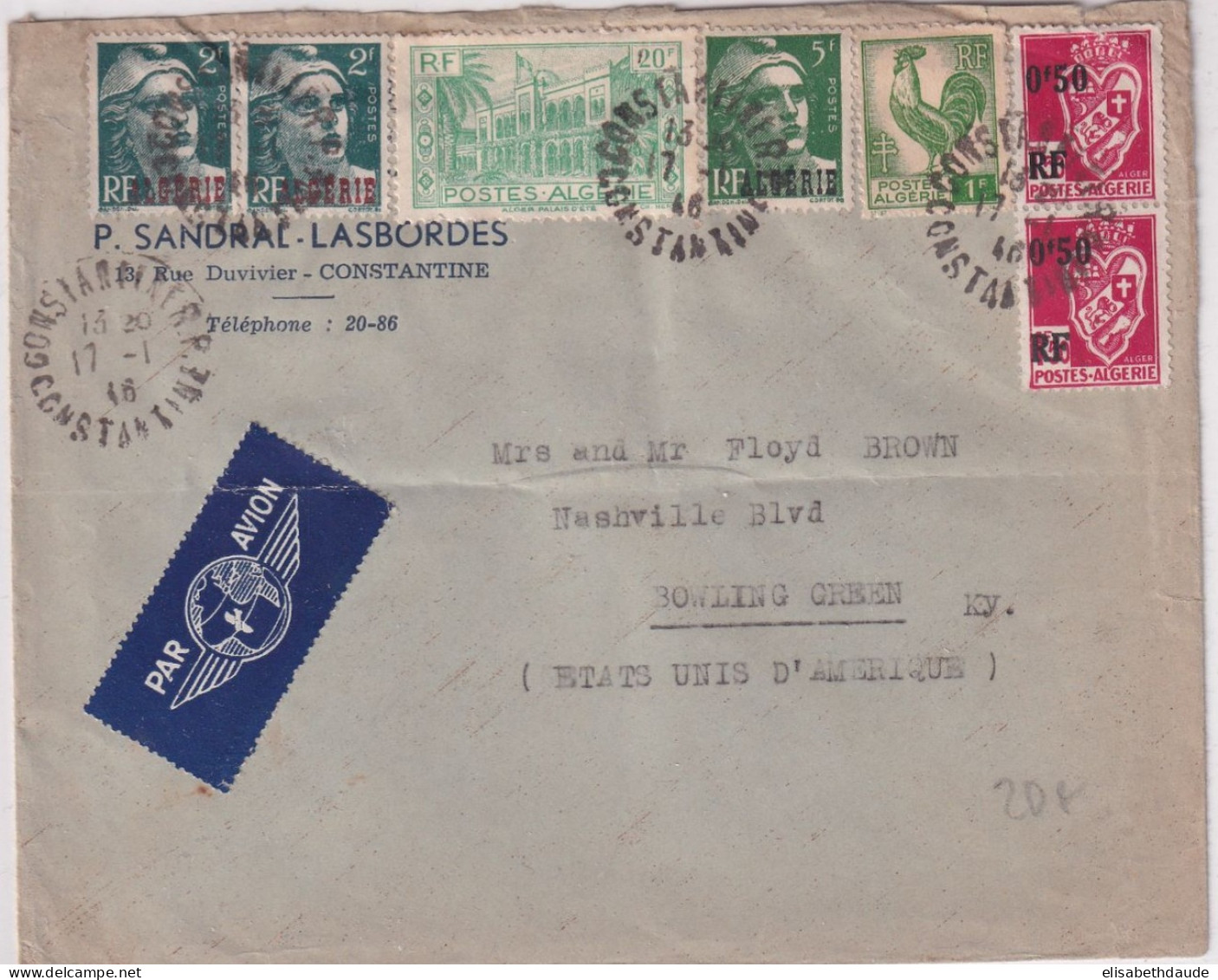 1946 - ALGERIE - ENVELOPPE Par AVION De CONSTANTINE => BOWLING GREEN (USA) ! GANDON + COQ - Lettres & Documents