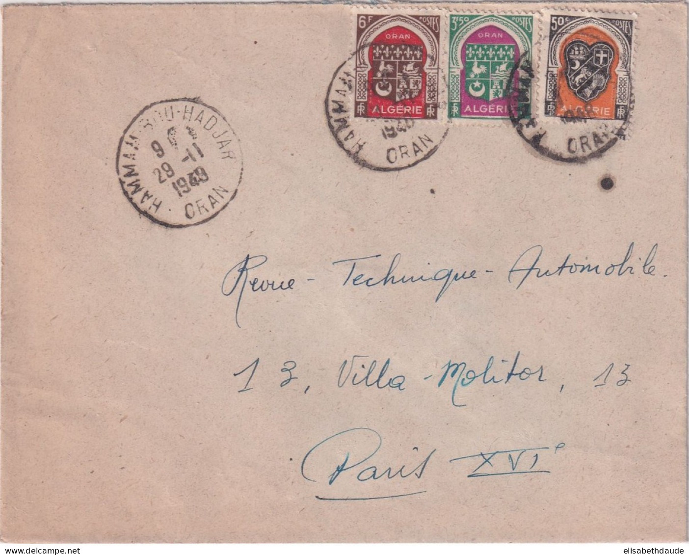 1949 - ALGERIE - SUPERBE TRICOLORE ARMOIRIES Sur ENVELOPPE De HAMMAM BOU HADJAR => PARIS - Cartas & Documentos