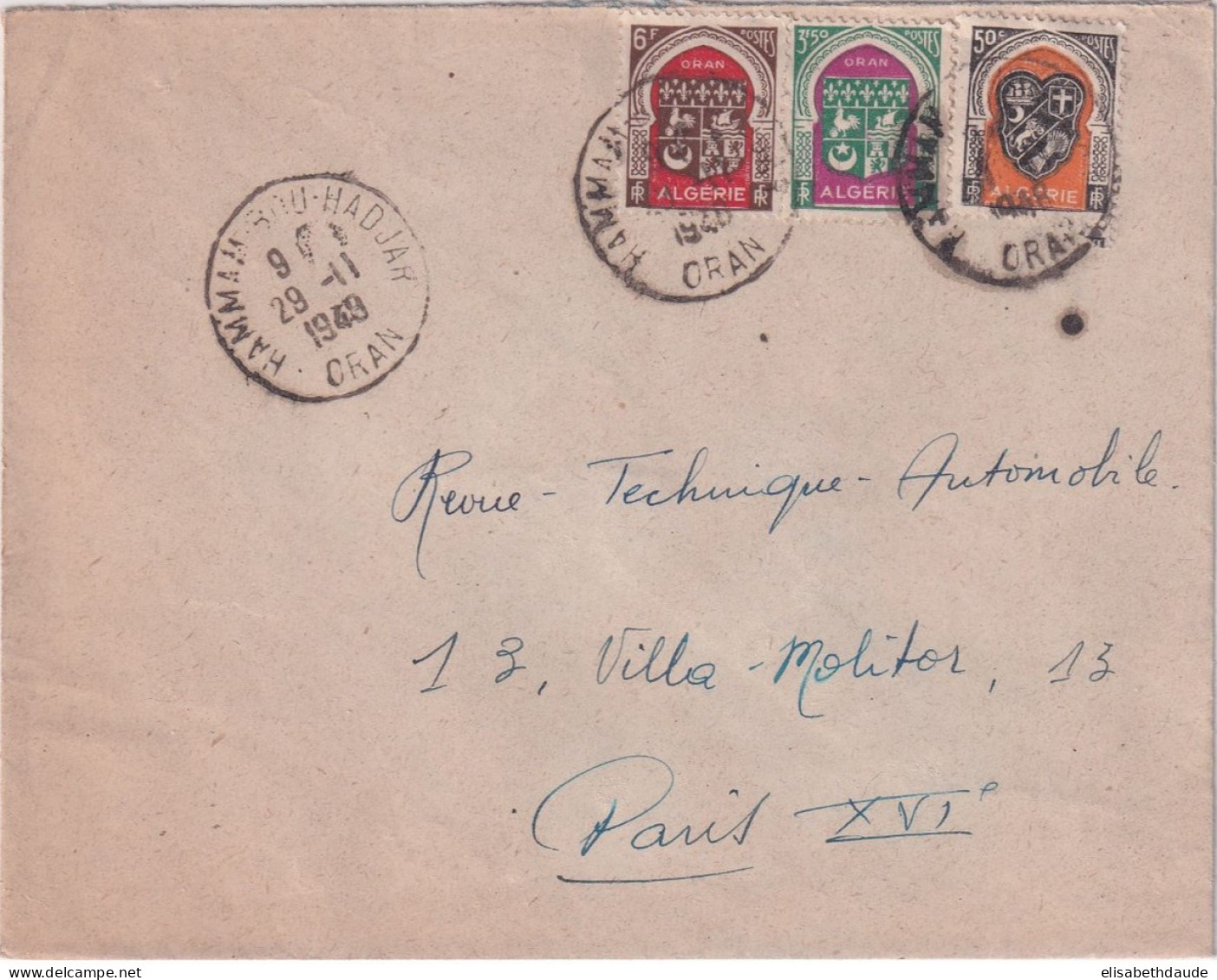 1949 - ALGERIE - SUPERBE TRICOLORE ARMOIRIES Sur ENVELOPPE De HAMMAM BOU HADJAR => PARIS - Lettres & Documents