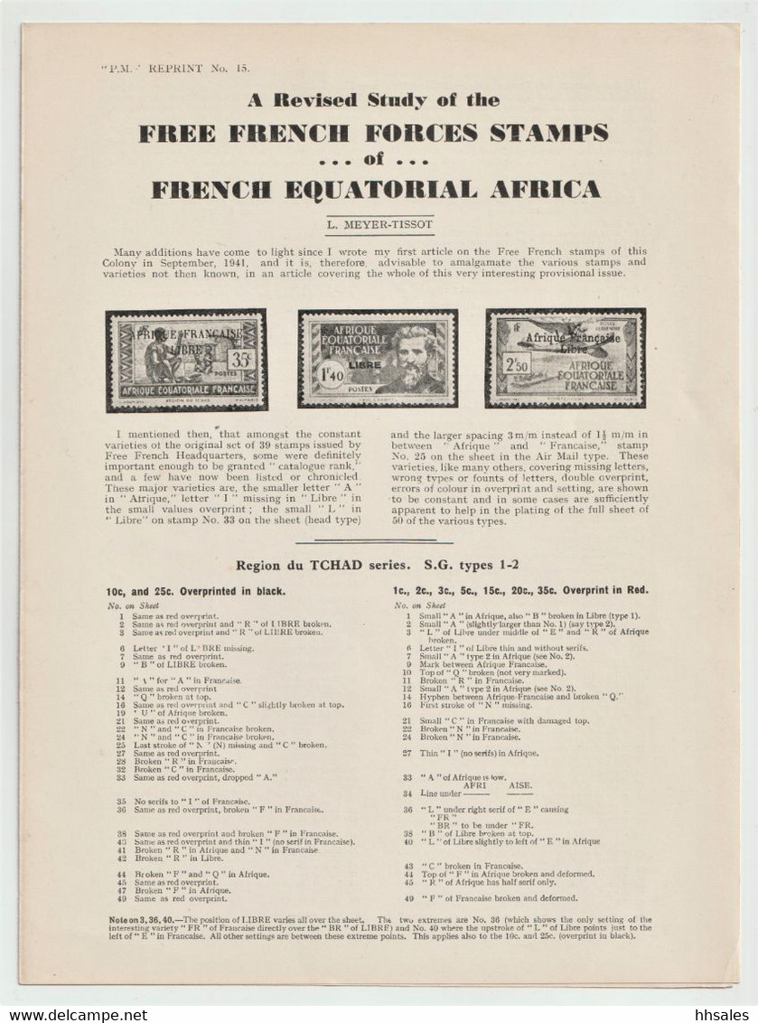 France, FREE FRENCH FORCES STAMPS Of FRENCH EQUATORIAL AFRICA, Meyer-Tissot 1943 - Colonies And Offices Abroad