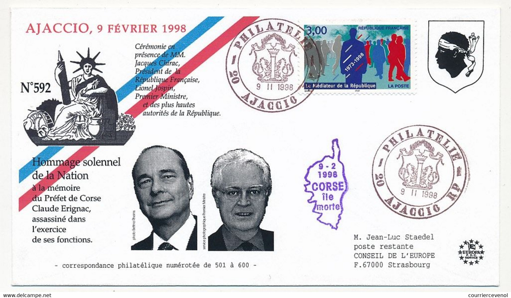 FRANCE - Enveloppe Commémorative HOMMAGE SOLENNEL De La NATION Préfet Claude Erignac - 9/2/1998 AJACCIO - Storia Postale