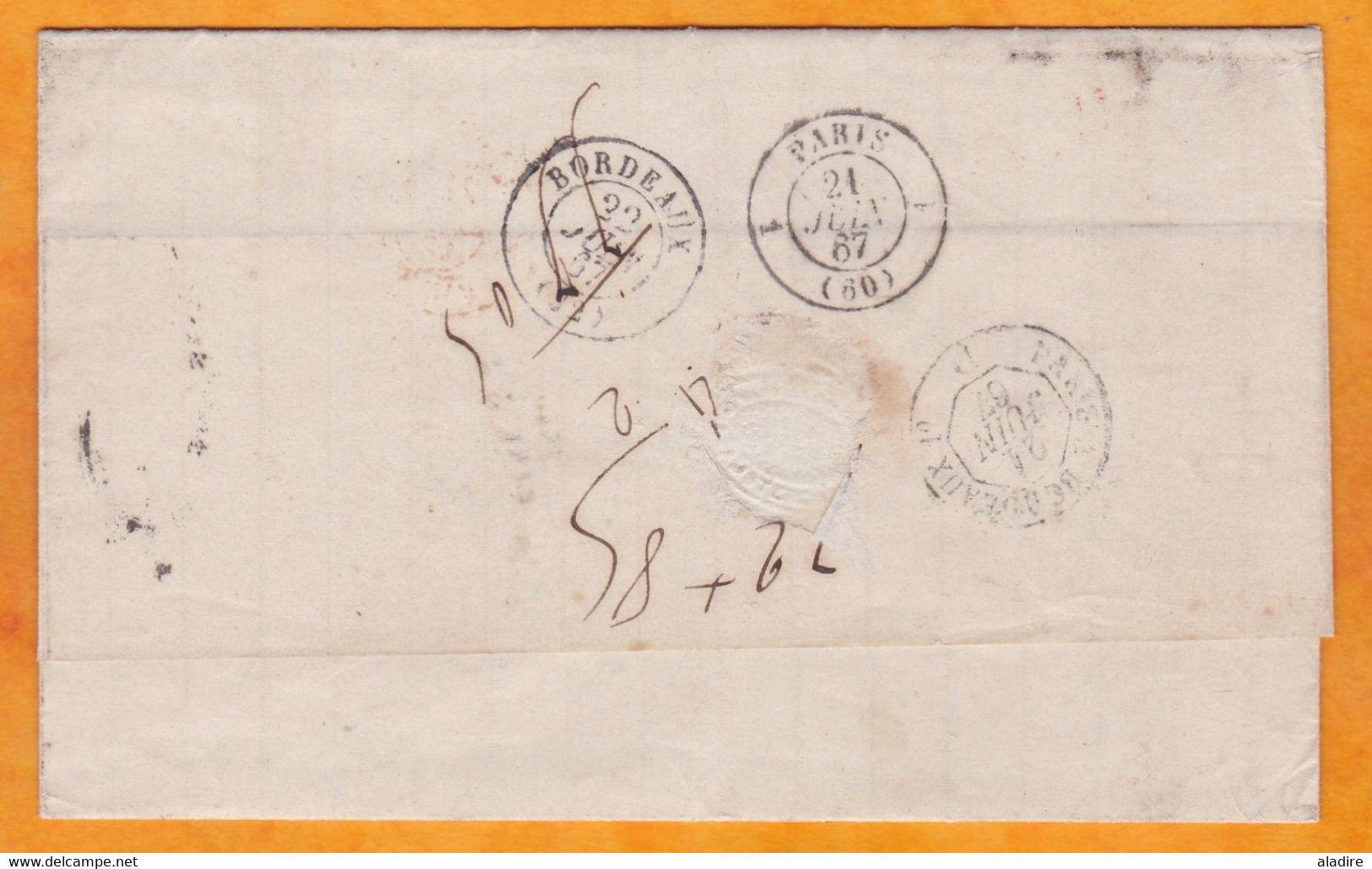 1867 - Lettre pliée en français d'Amsterdam vers Bordeaux, France - entrée Valenciennes - cad transit et arrivée